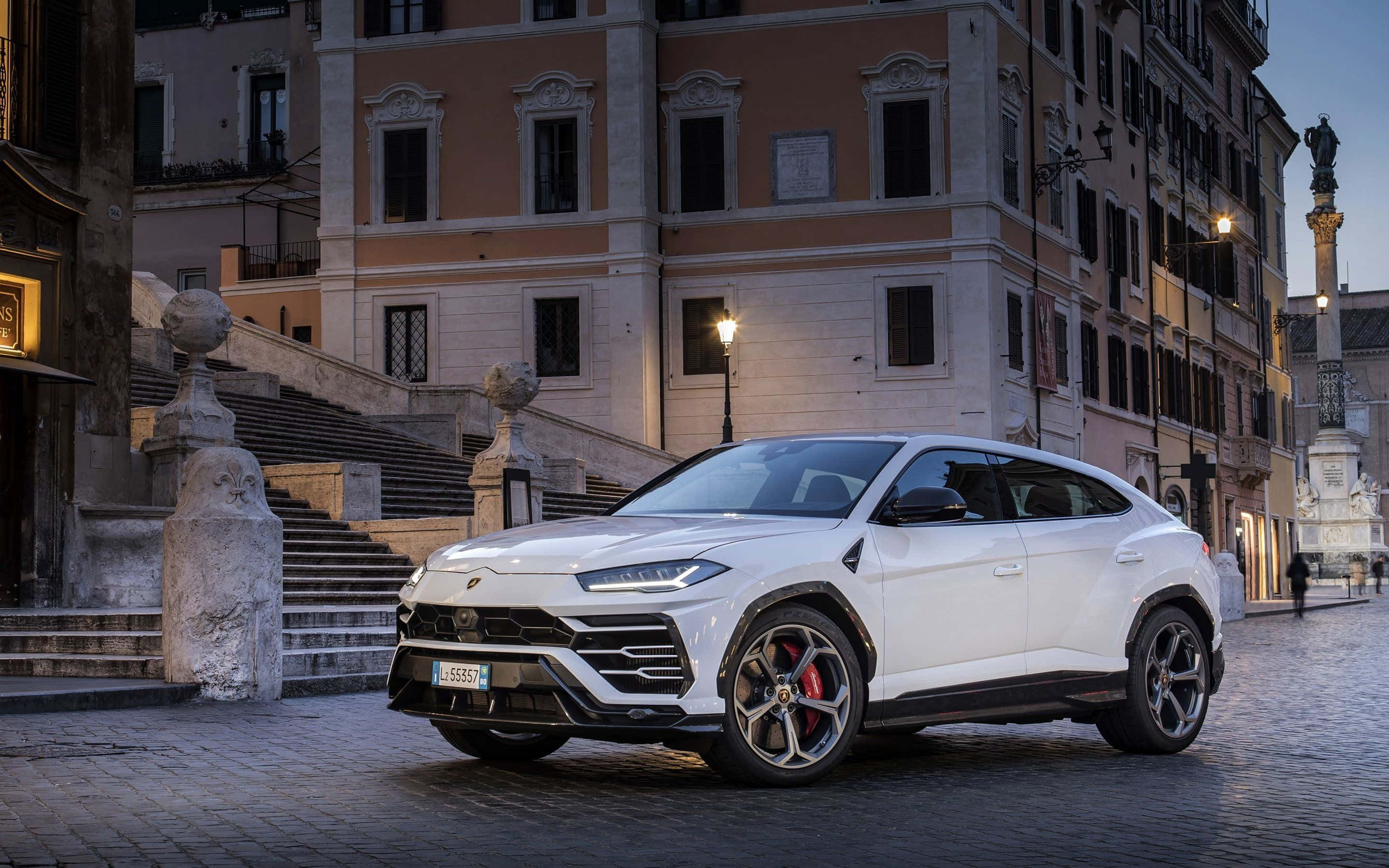 Lamborghini Urus, white, cobblestone street, 2K Desktop Wallpaper