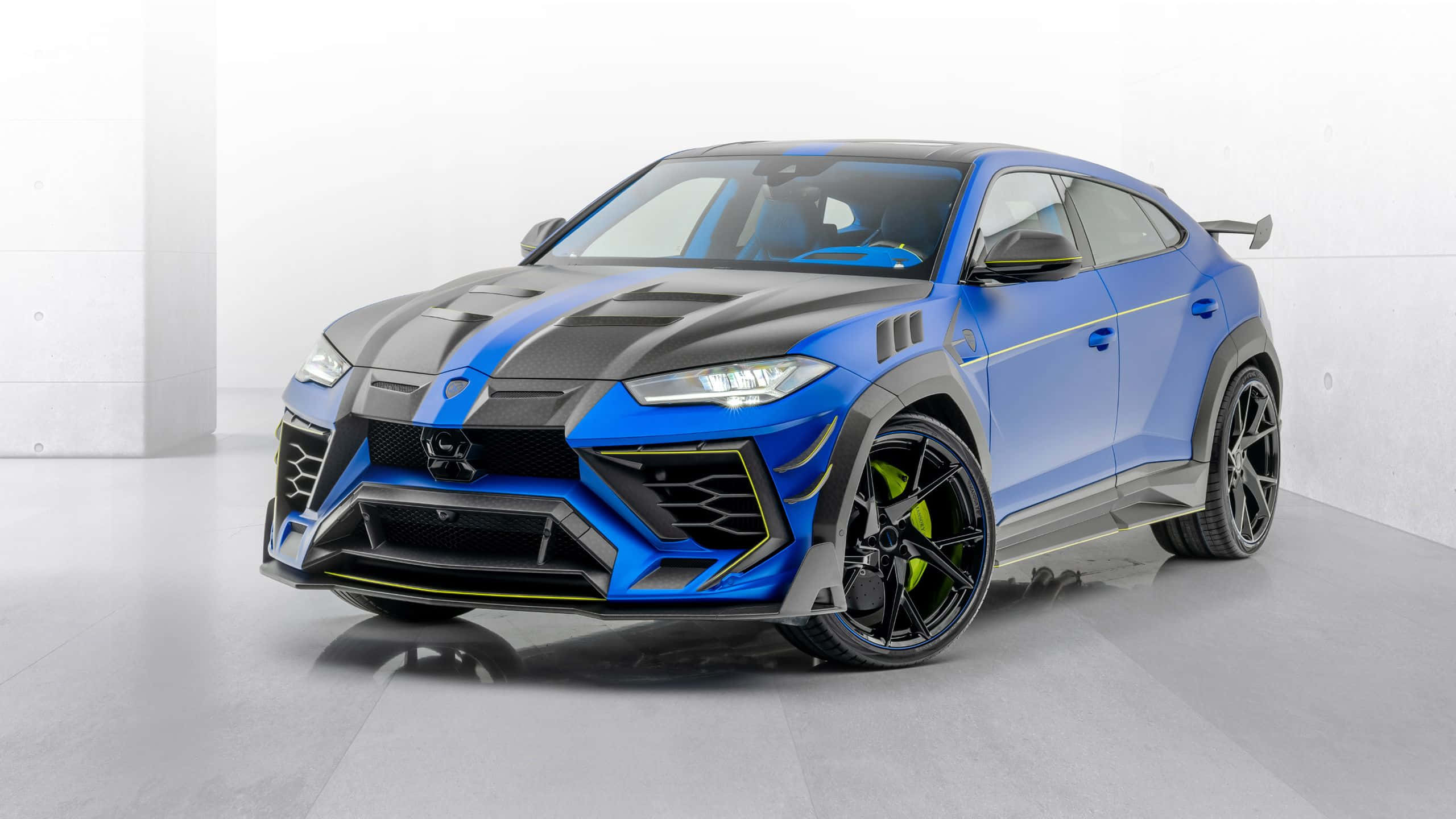 Lamborghini Urus, blue, black racing stripes, 2K Desktop Wallpaper