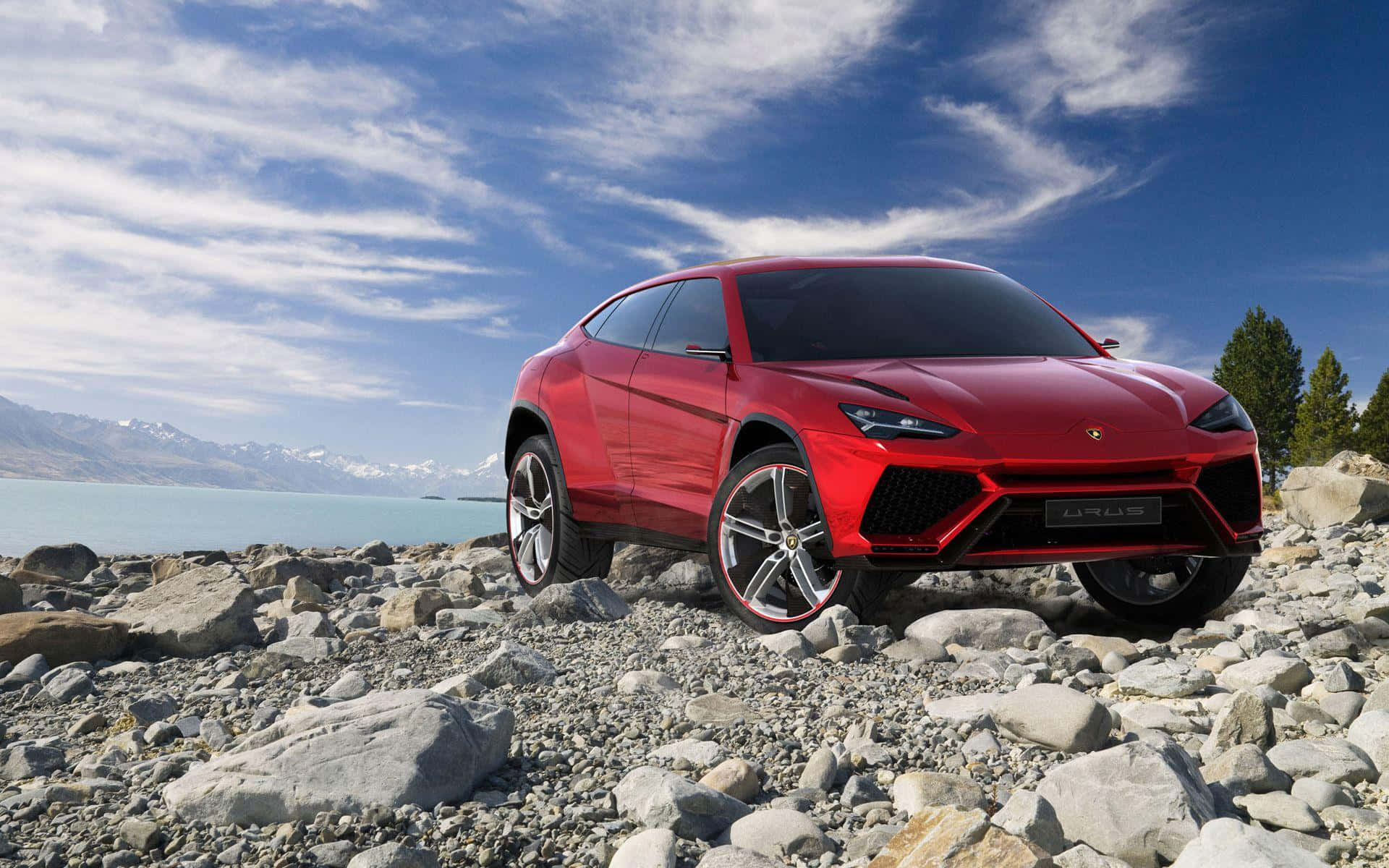 Lamborghini Urus, red, rocky lakeshore, Full HD Desktop Wallpaper