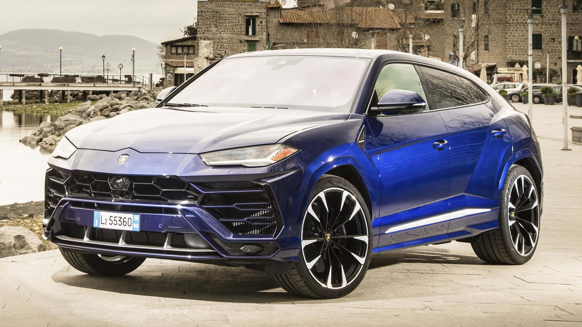 Lamborghini Urus, glossy blue, stone plaza, Full HD Desktop Wallpaper