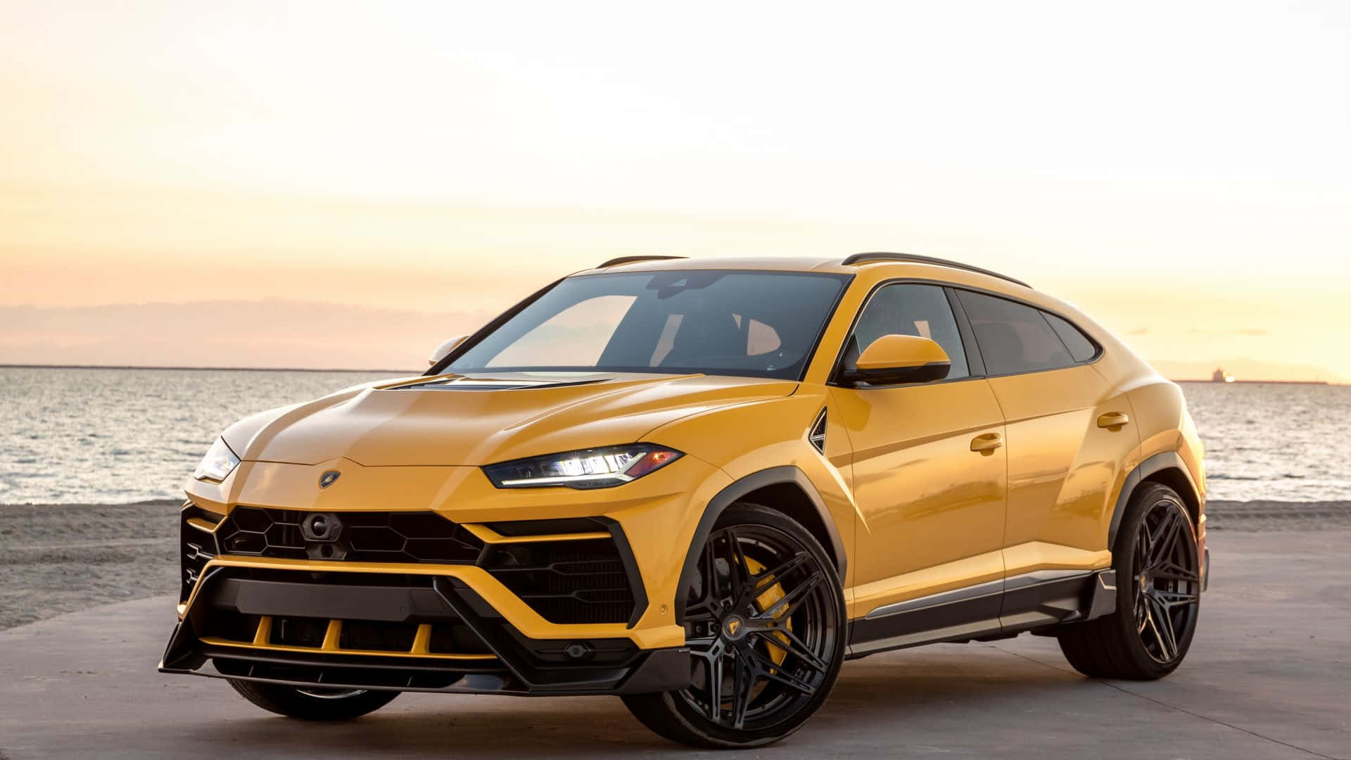 Lamborghini Urus, vibrant yellow, concrete pier, Full HD Desktop Wallpaper