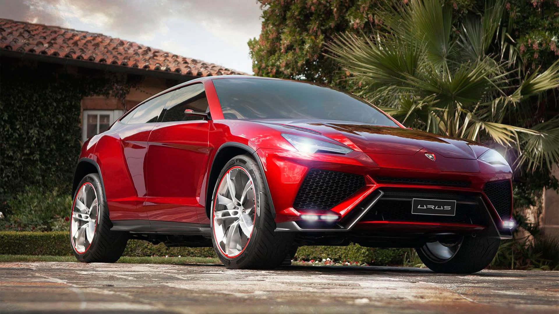 Lamborghini Urus, glossy red, stone driveway, Full HD Desktop Wallpaper