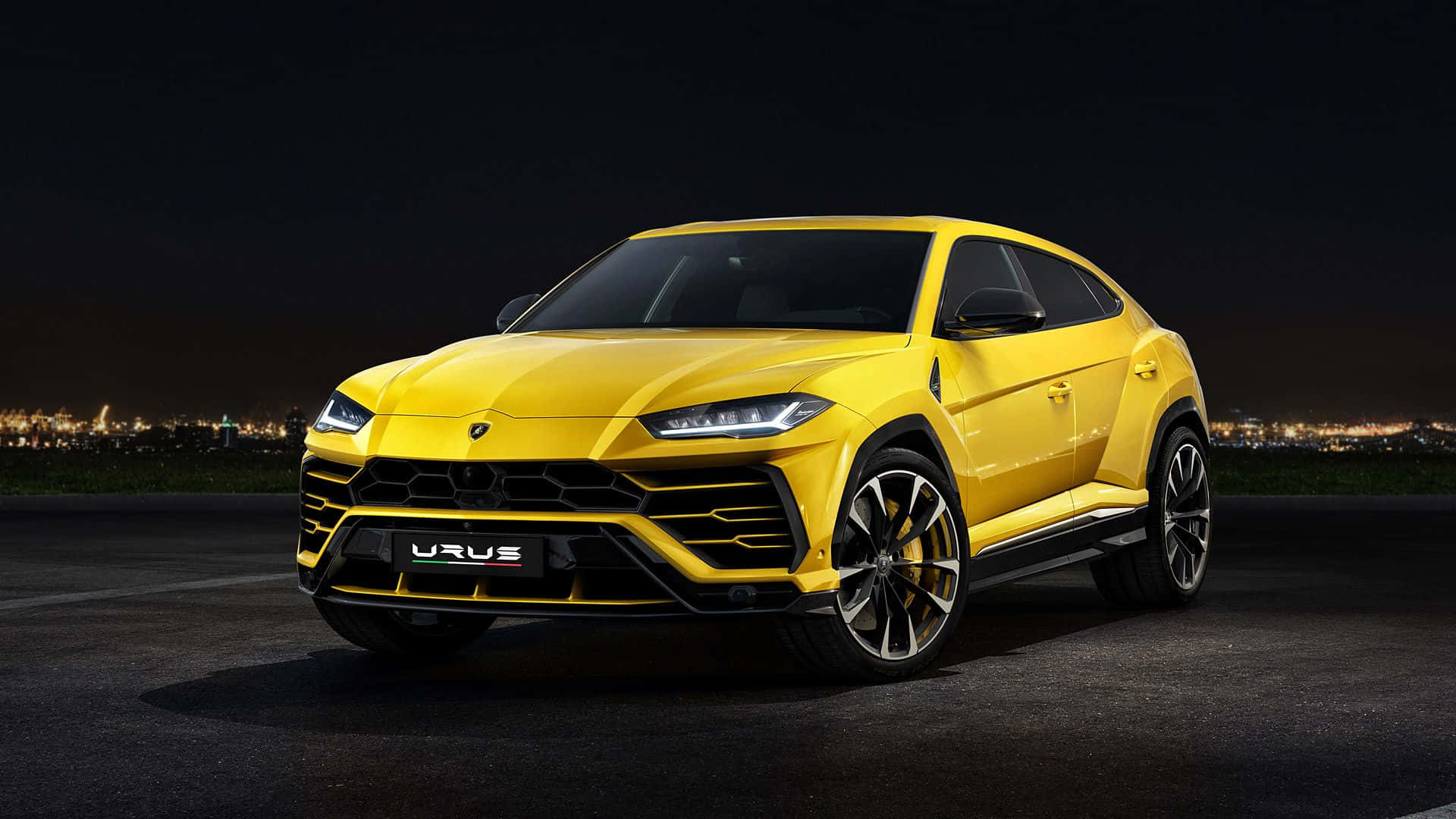 Lamborghini Urus, vibrant yellow, night lights, Full HD Desktop Wallpaper