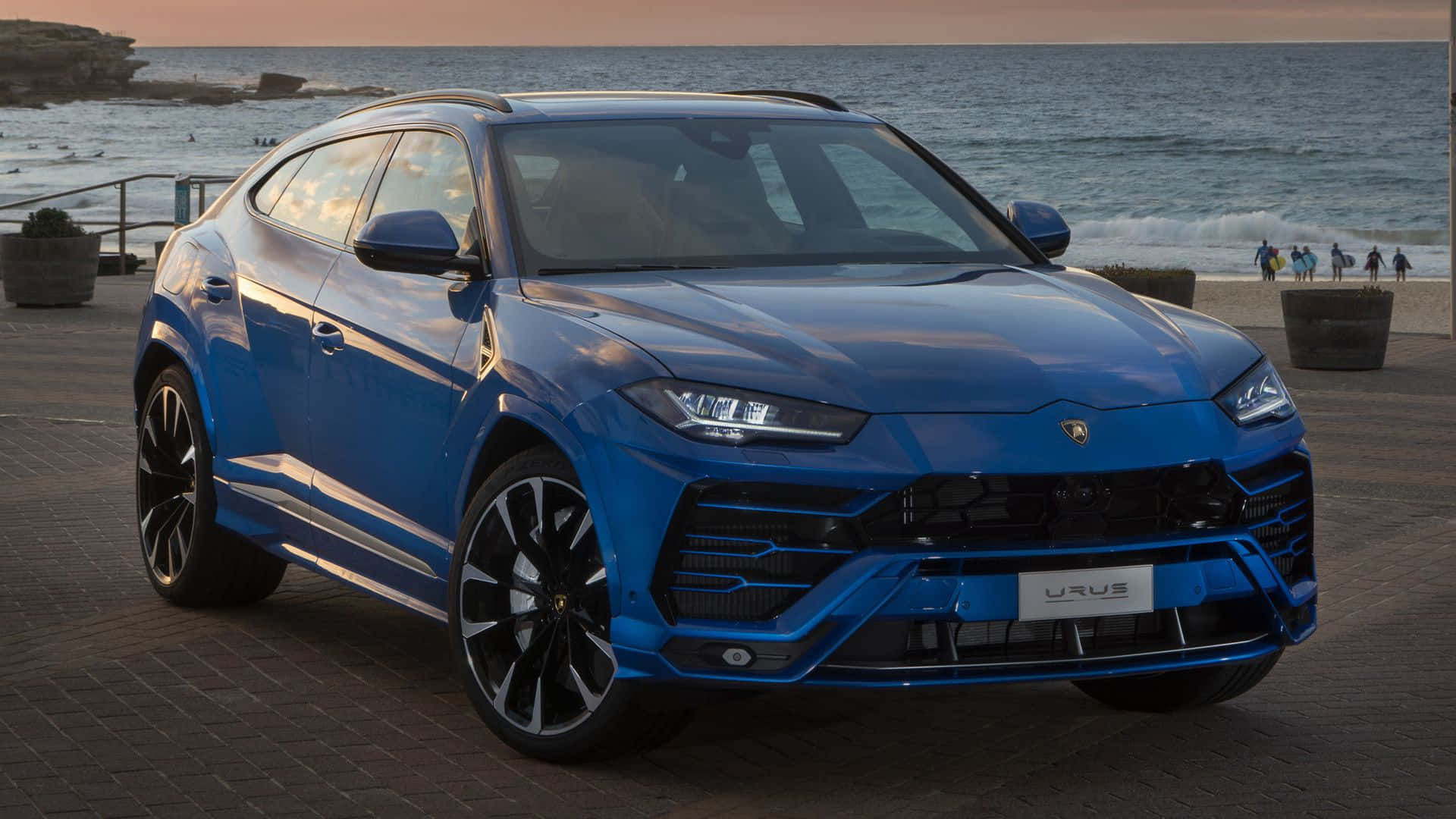 Lamborghini Urus, vibrant blue, seaside promenade, Full HD Desktop Wallpaper