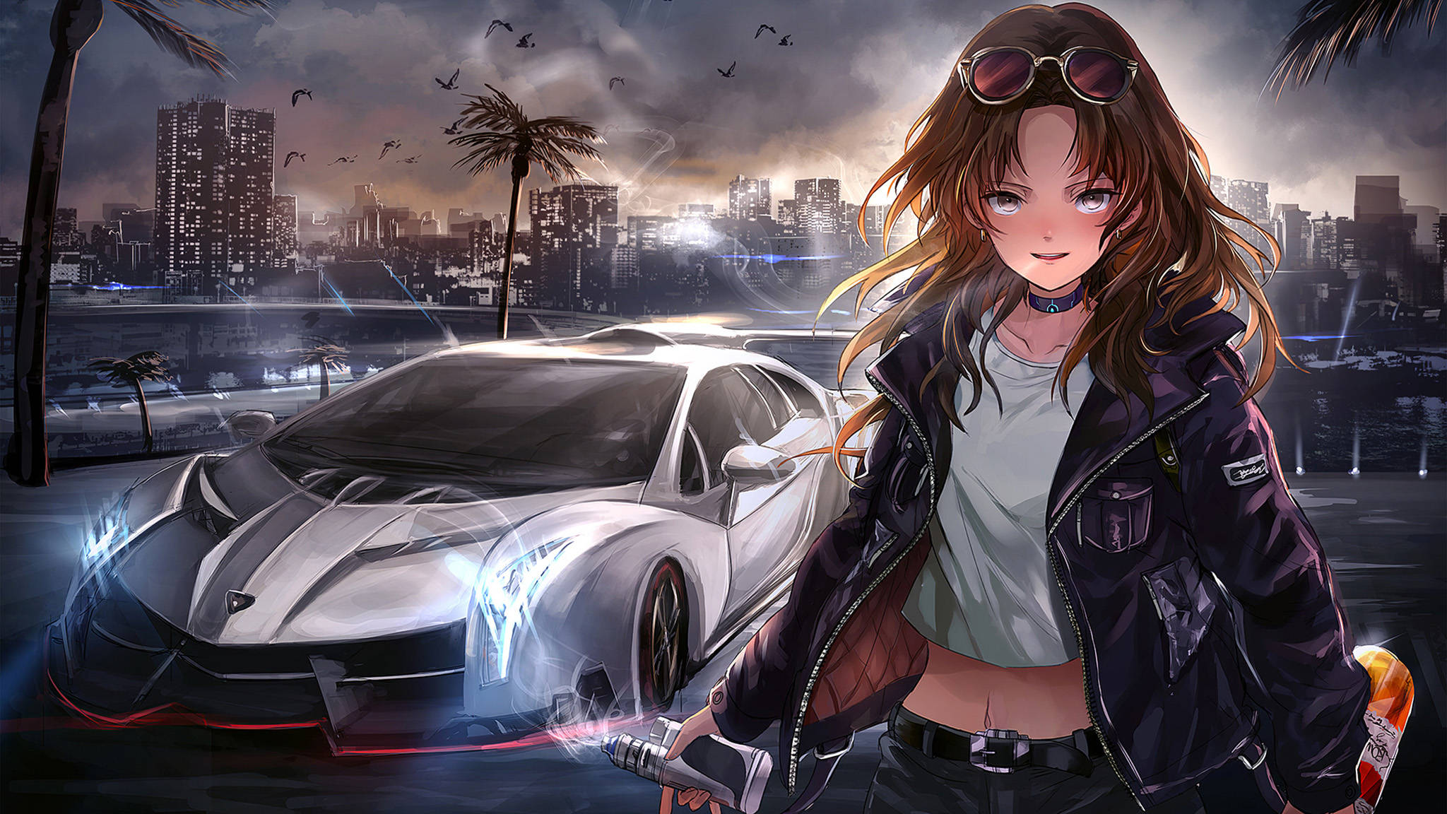 Lamborghini Veneno, glowing silver, rainy urban skyline, Full HD Desktop Wallpaper