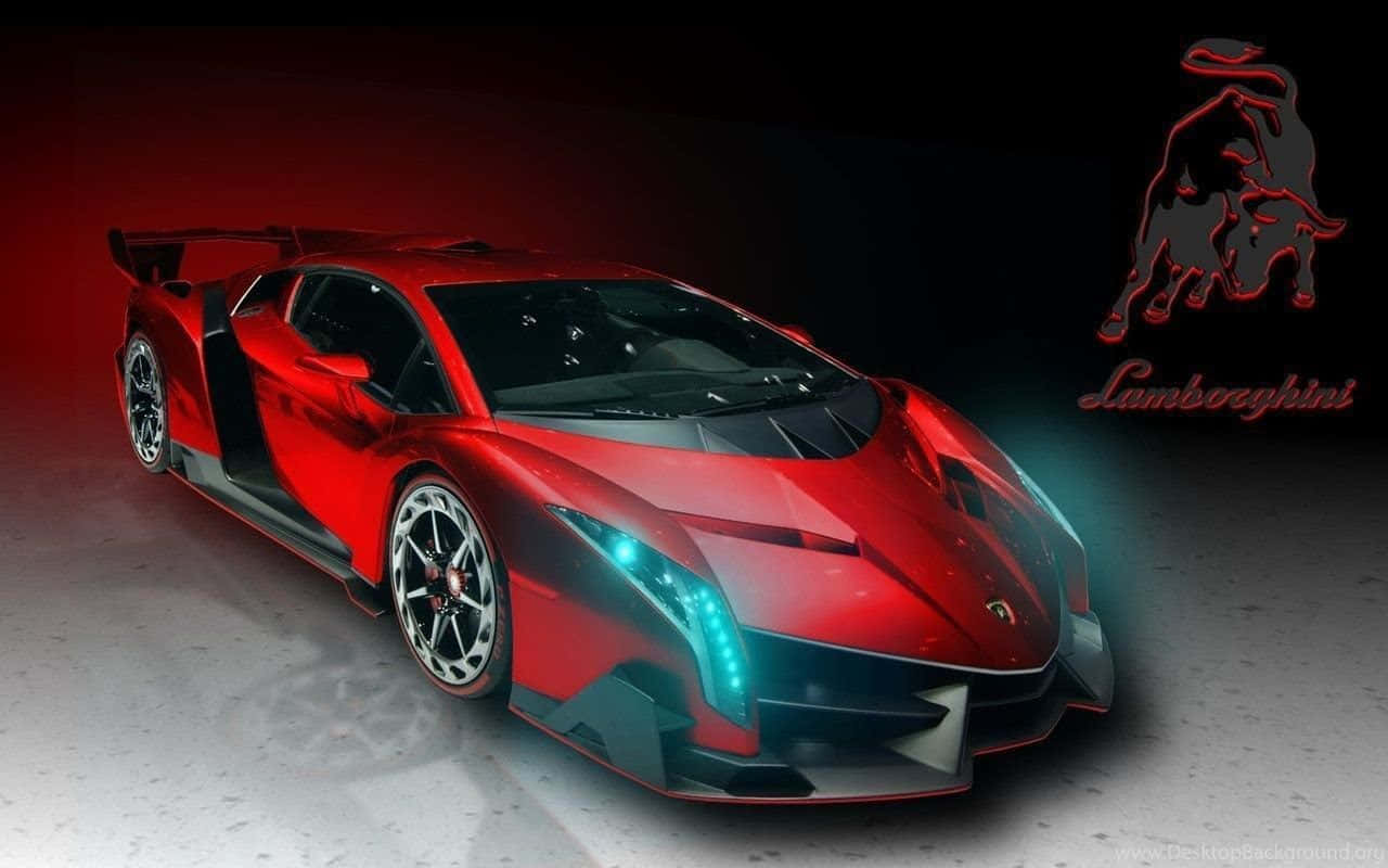 Lamborghini Veneno, glossy red, glowing blue headlights, HD Desktop Wallpaper