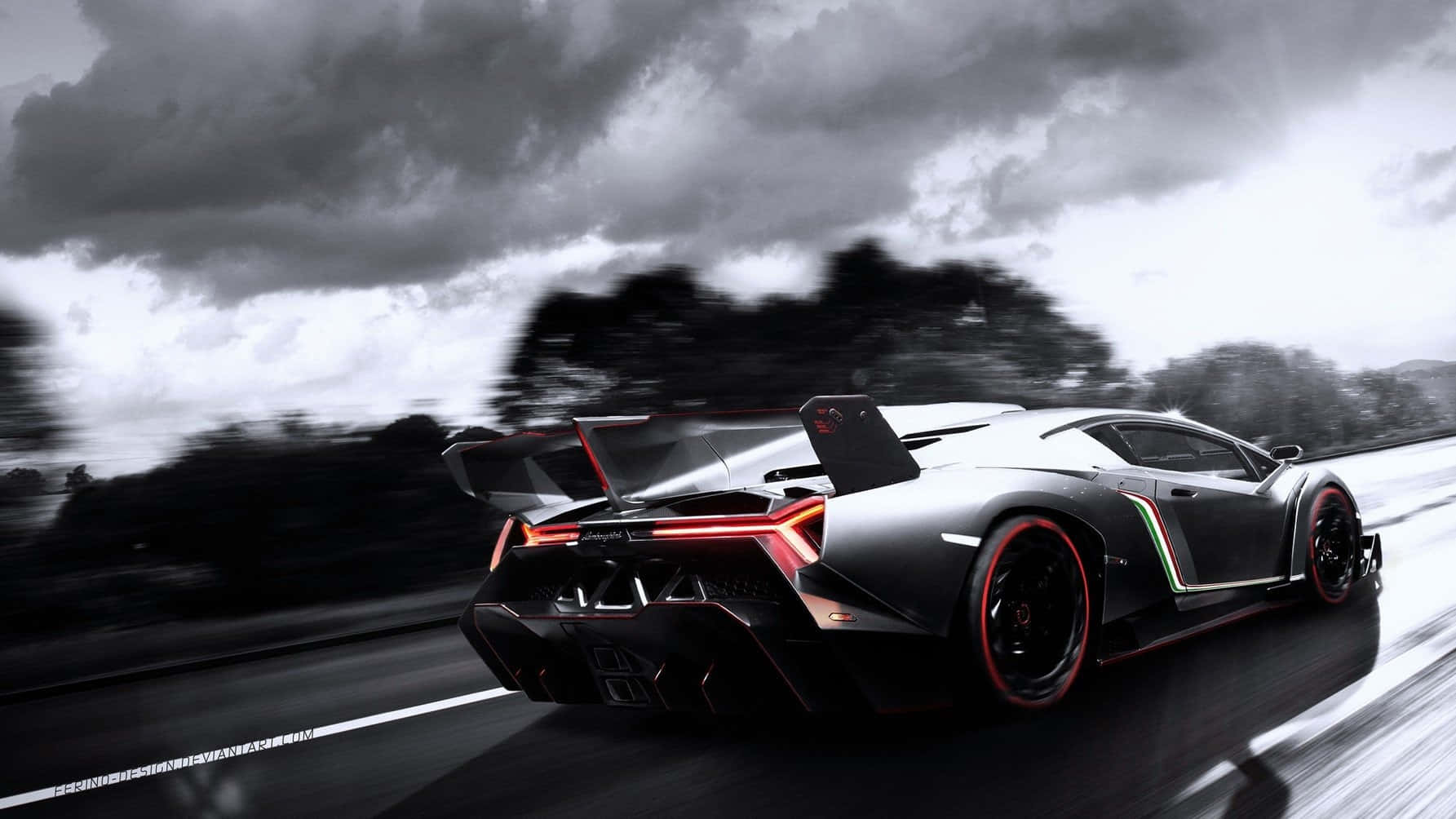Lamborghini Veneno, sleek black, wet road, HD Desktop Wallpaper