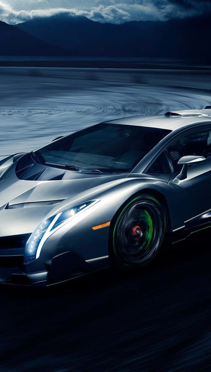 Lamborghini Veneno, silver, dark wet road, SD Phone Wallpaper
