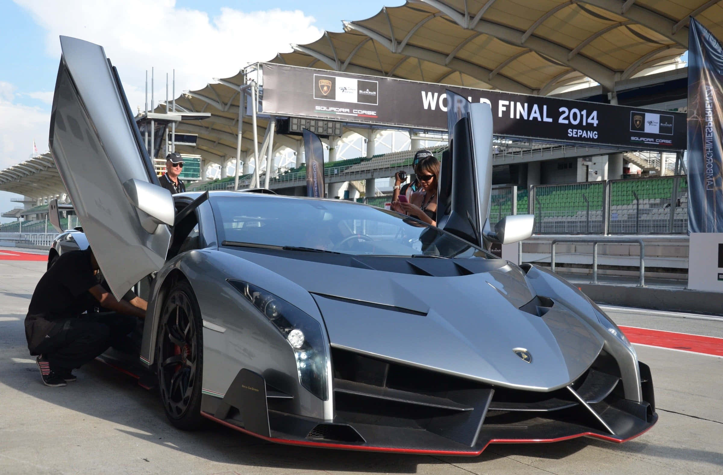 Lamborghini Veneno, silver, scissor doors, Full HD Desktop Wallpaper