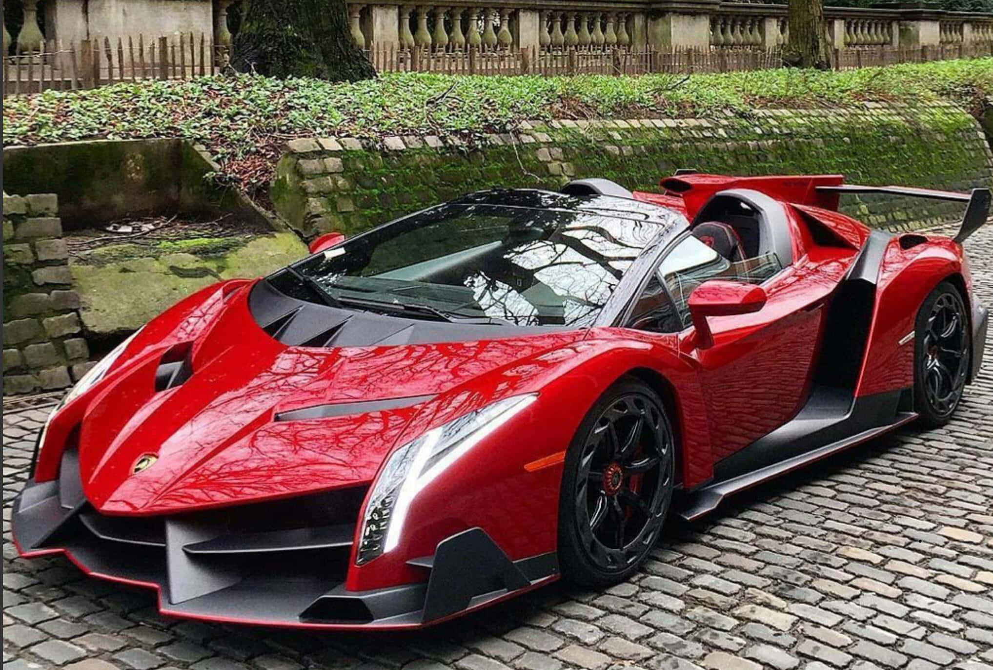 Lamborghini Veneno, red, cobblestone street, Full HD Desktop Wallpaper
