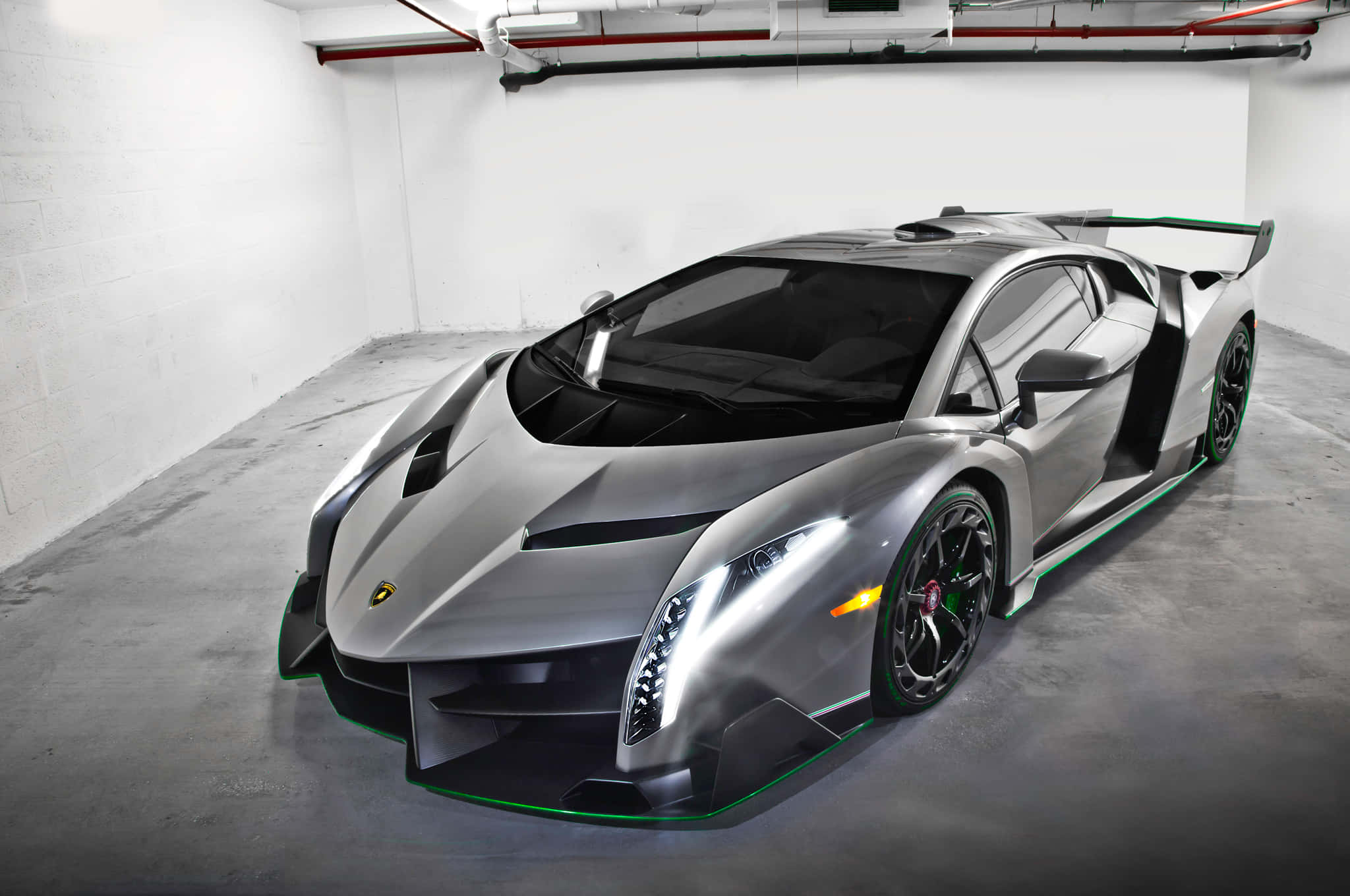 Lamborghini Veneno, silver, green accents, Full HD Desktop Wallpaper