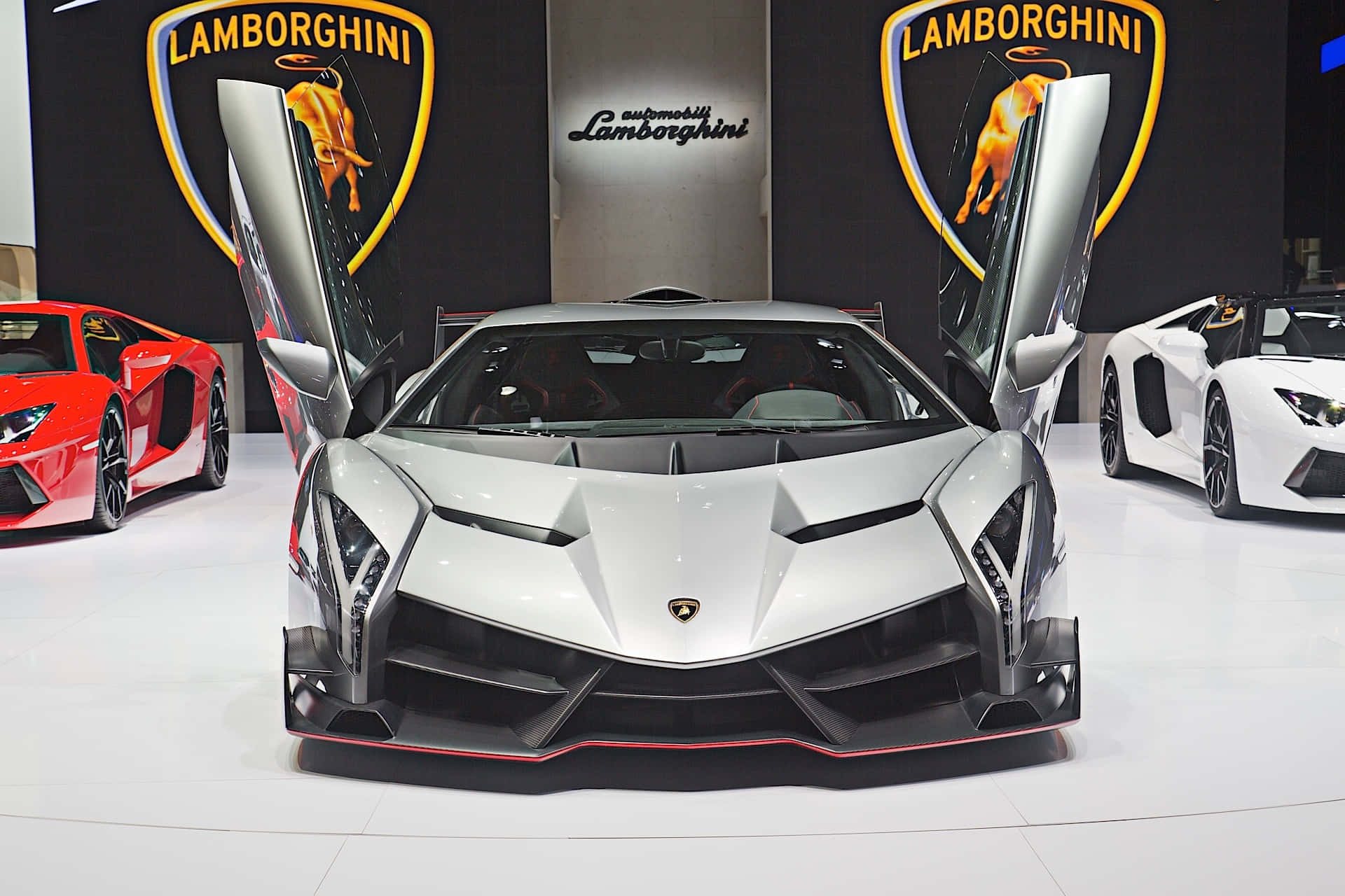 Lamborghini Veneno, silver, scissor doors, Full HD Desktop Wallpaper