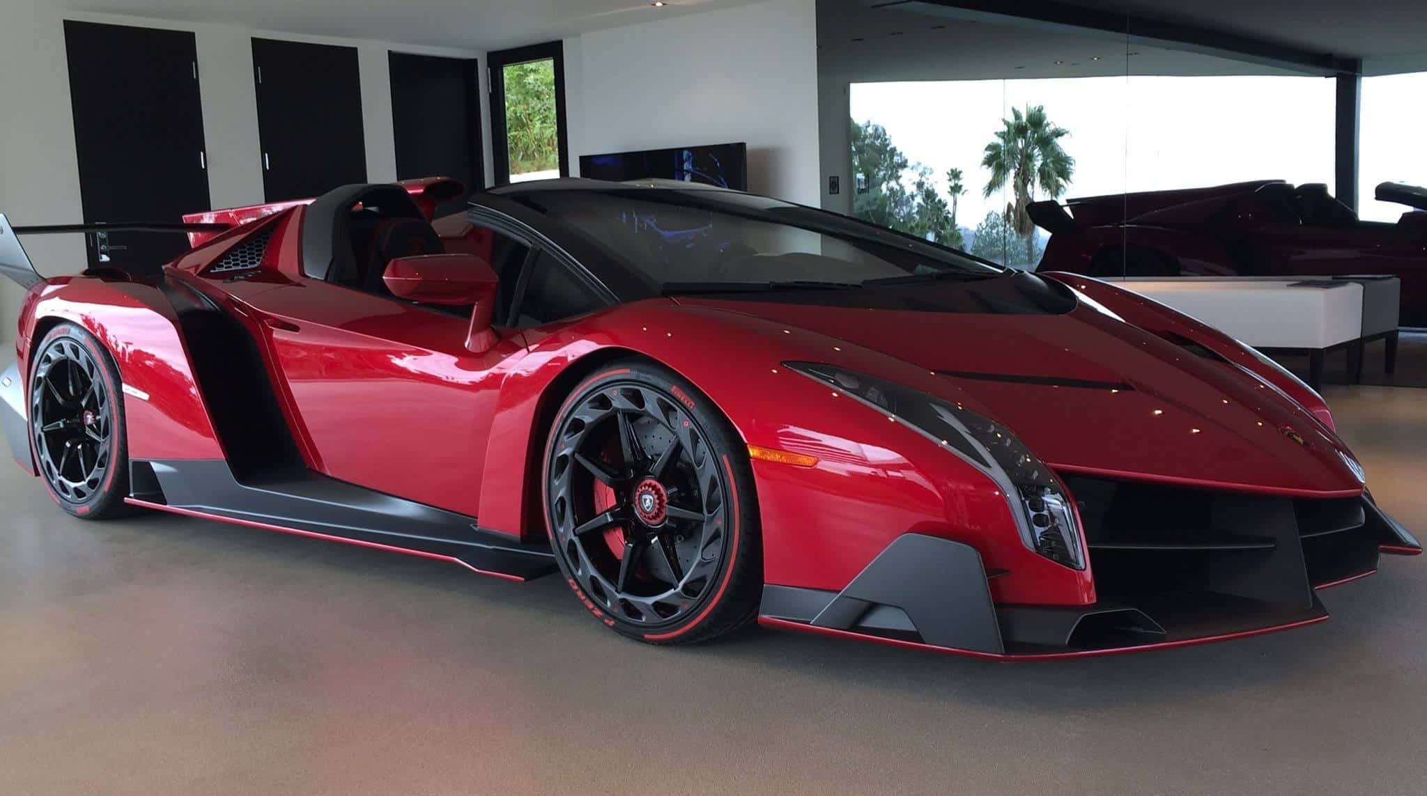 Lamborghini Veneno, glossy red, roadster, Full HD Desktop Wallpaper