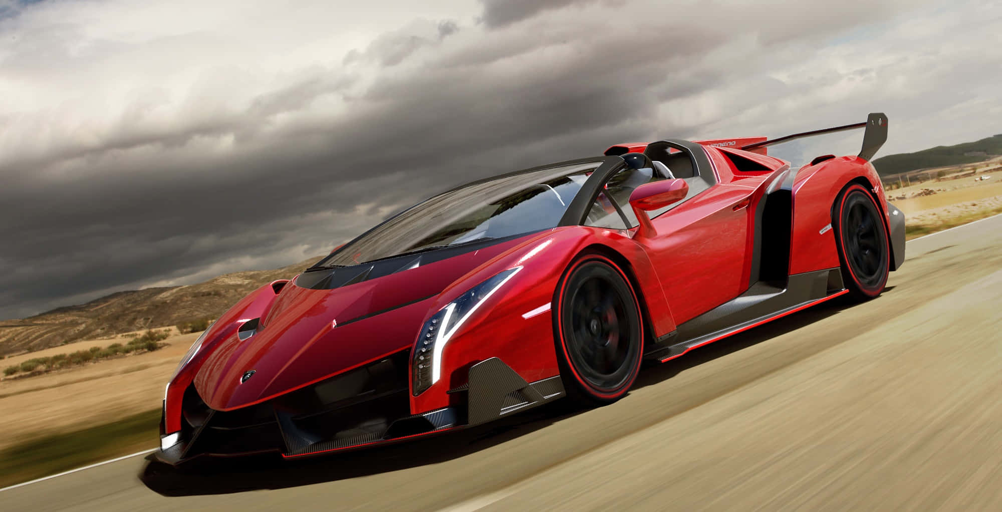 Lamborghini Veneno, vibrant red, desert road, Full HD Desktop Wallpaper