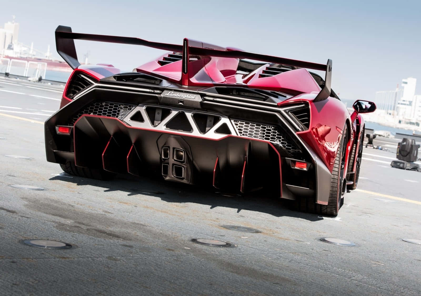 Lamborghini Veneno, red, concrete pier, HD Desktop Wallpaper