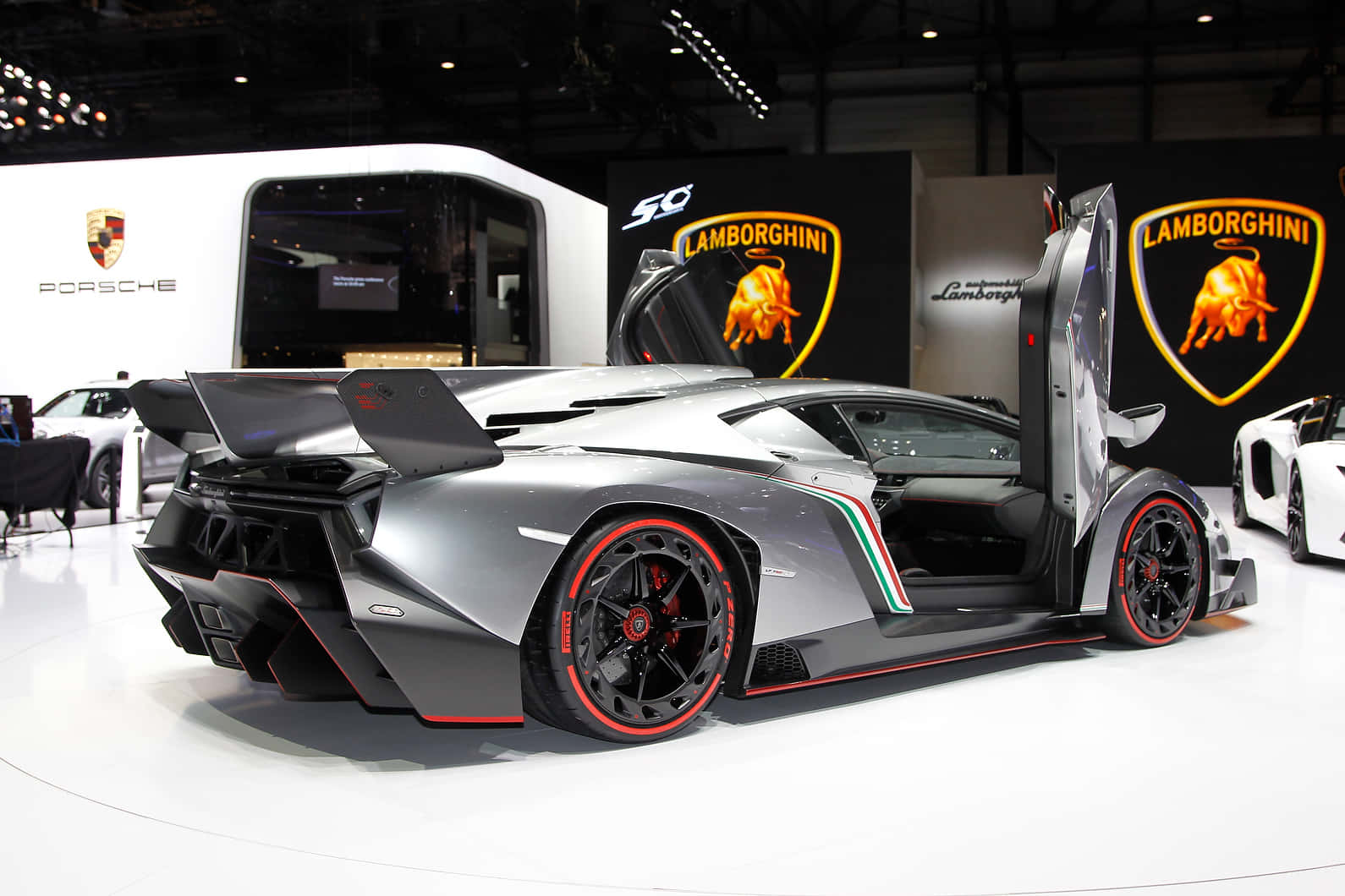 Lamborghini Veneno, silver, scissor doors, HD Desktop Wallpaper