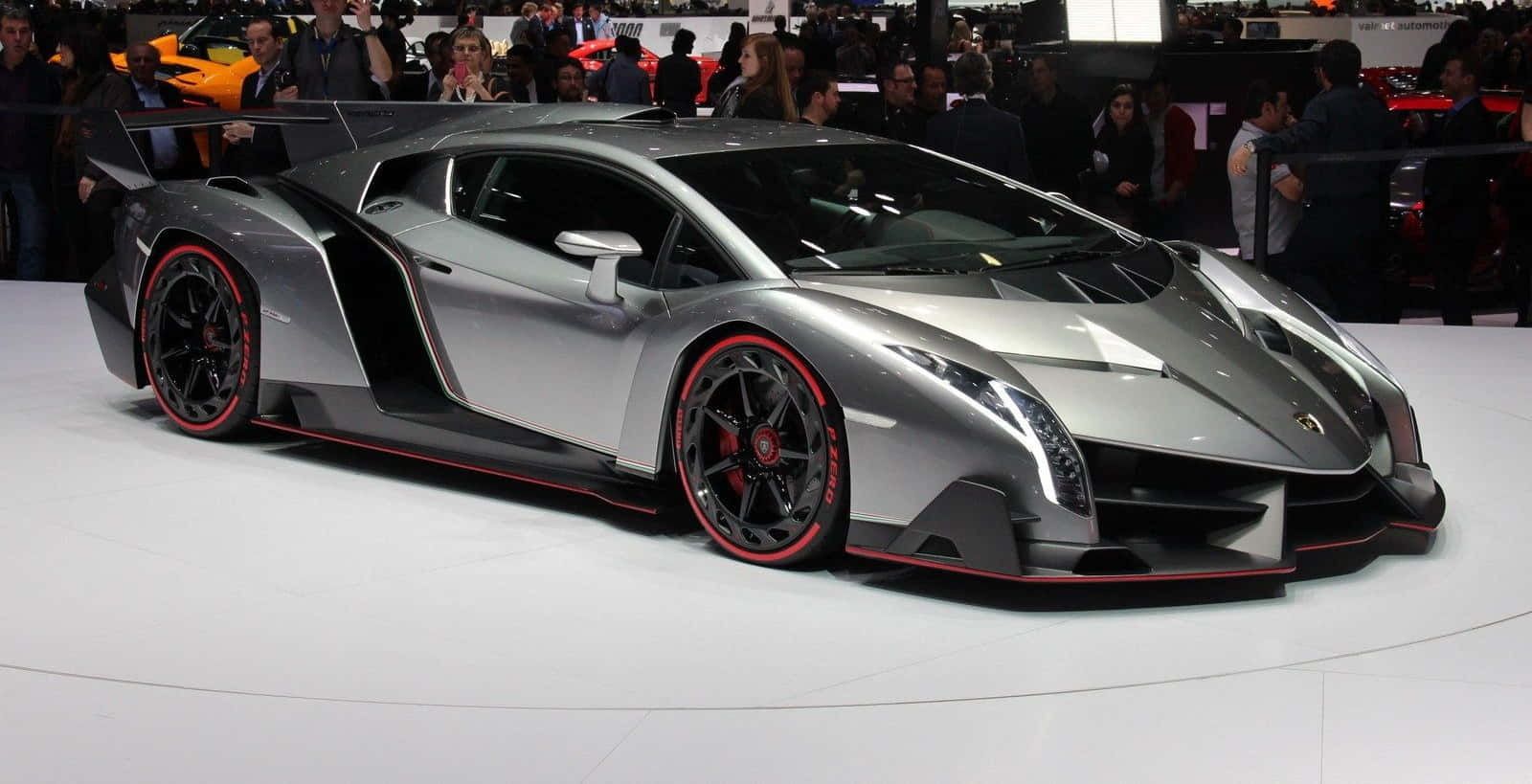 Lamborghini Veneno, silver, red-accented wheels, HD Desktop Wallpaper