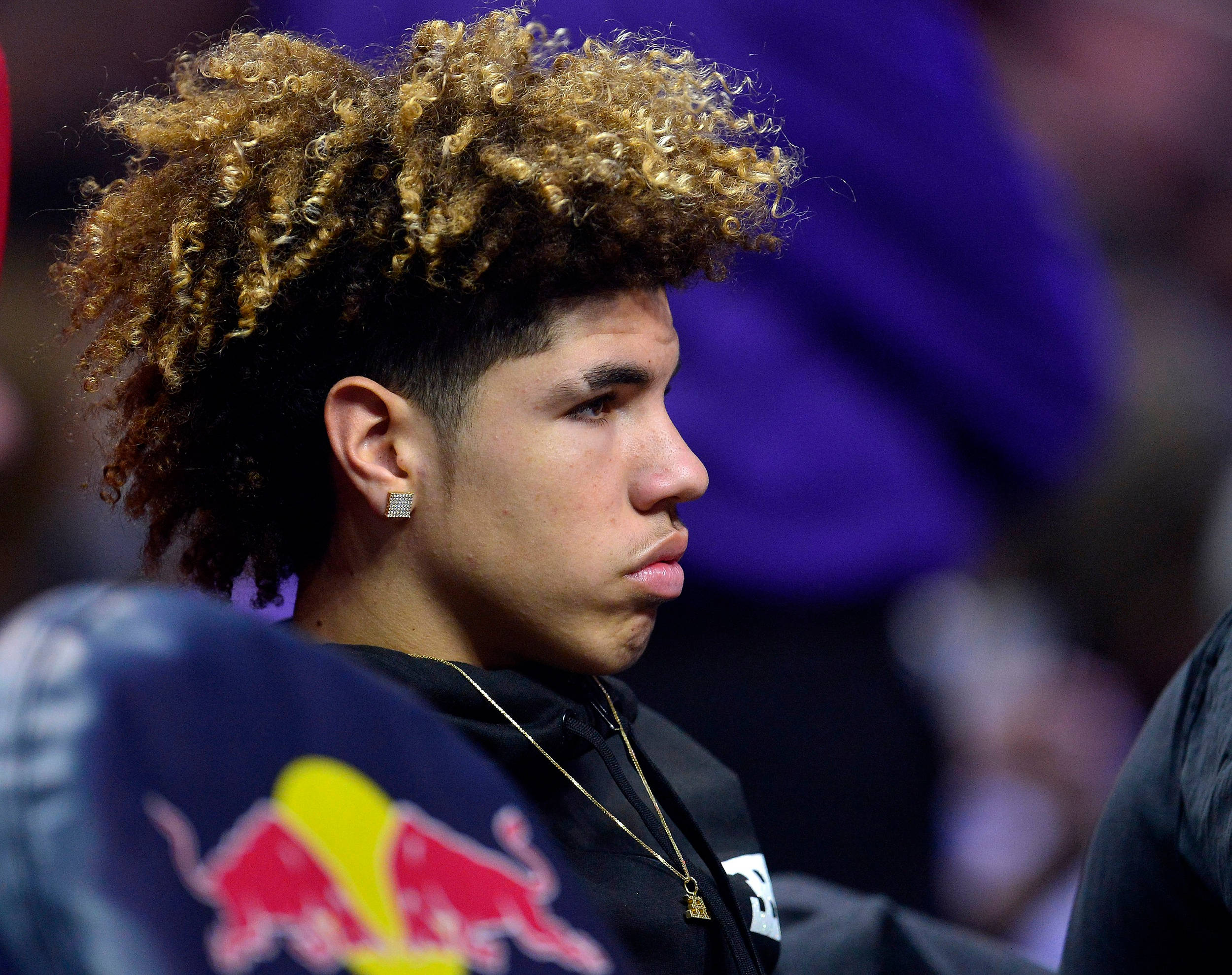 Lamelo Ball, voluminous curly hair, diamond earring, Full HD Desktop Wallpaper