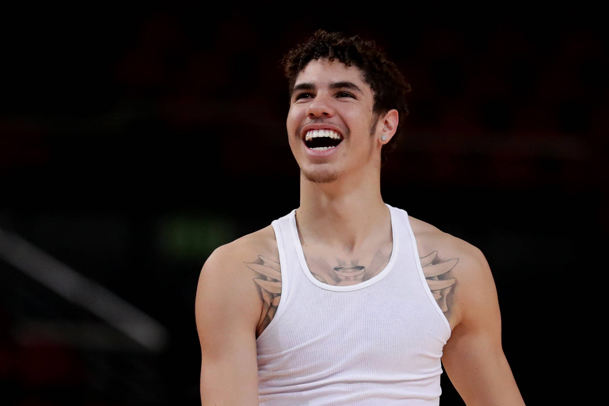 Lamelo Ball, white tank top, tattoos, Full HD Desktop Wallpaper