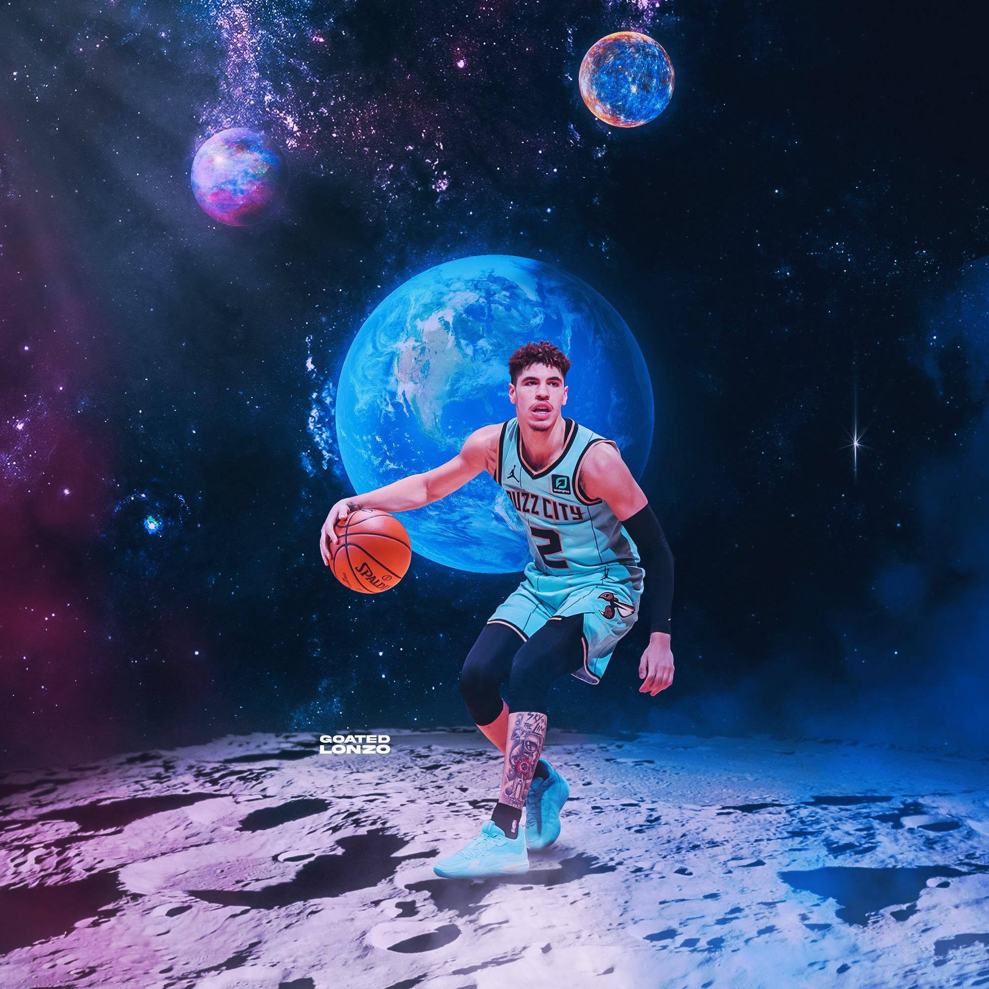 Lamelo Ball, light blue jersey, moon-like surface, Full HD Desktop Wallpaper