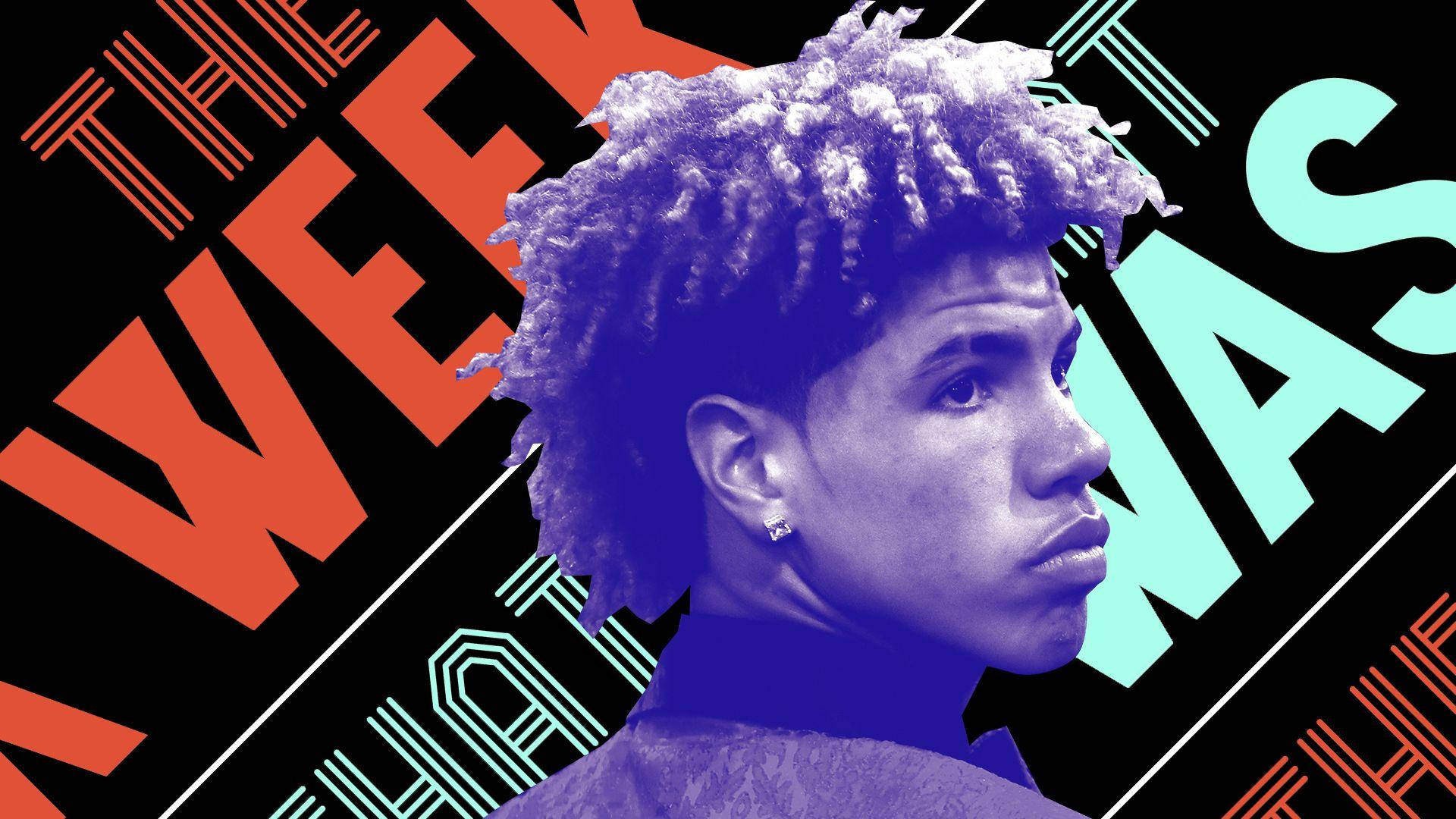 Lamelo Ball, purple-tinted curly hair, black background, Full HD Desktop Wallpaper