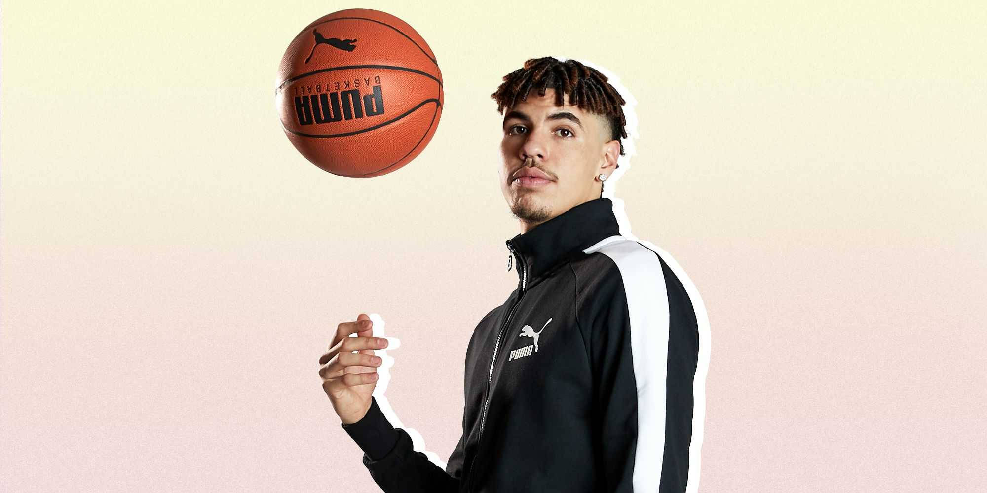 Lamelo Ball, Puma tracksuit, orange basketball, Full HD Desktop Wallpaper