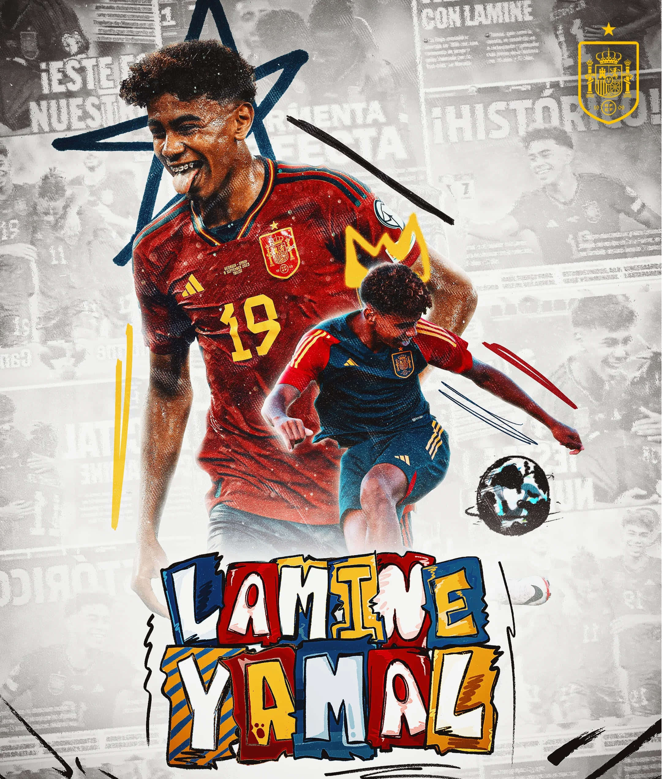 Lamine Yamal, red and blue Spain jerseys, collage of newspaper clippings, Full HD Phone Wallpaper