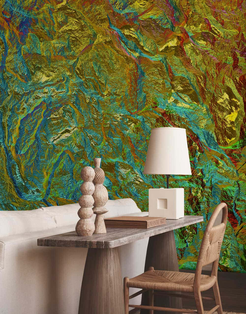 green gilded wall, wooden table, lamp, SD Phone Wallpaper
