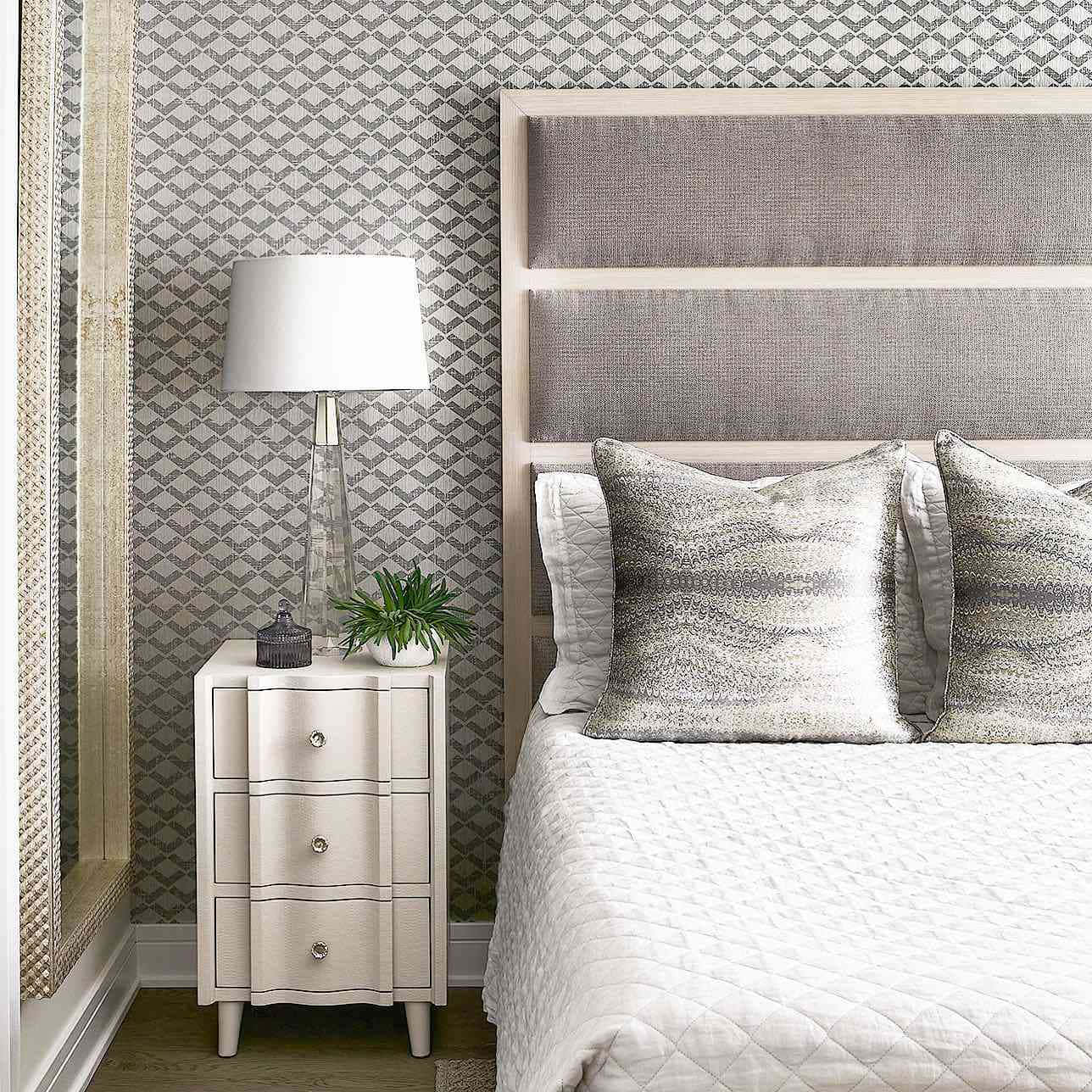 gray pillows, geometric patterned wallpaper, white nightstand, HD Desktop Wallpaper