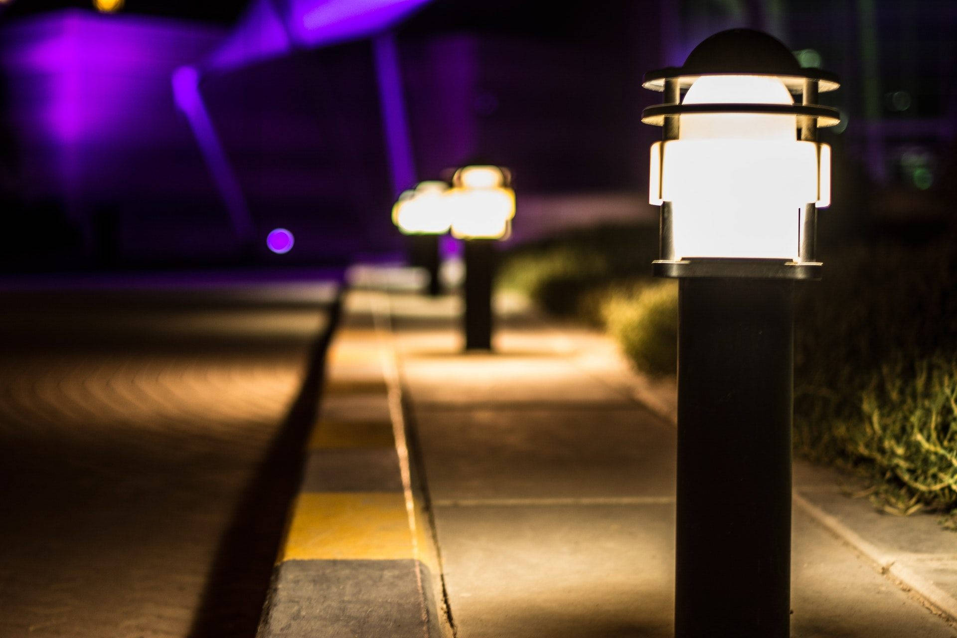 outdoor lamps, pathway lights, paved walkway, Full HD Desktop Wallpaper