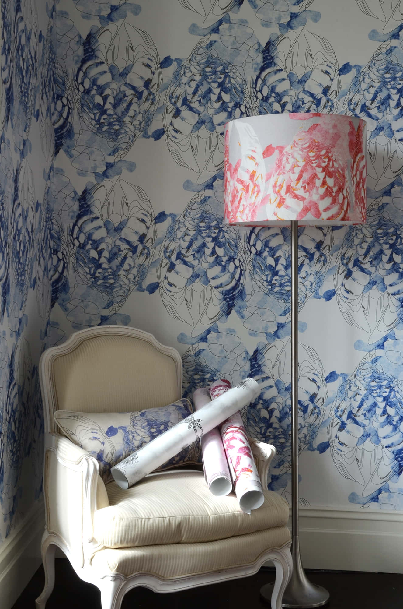cream armchair, rolled wallpaper samples, tall lamp, Full HD Phone Wallpaper