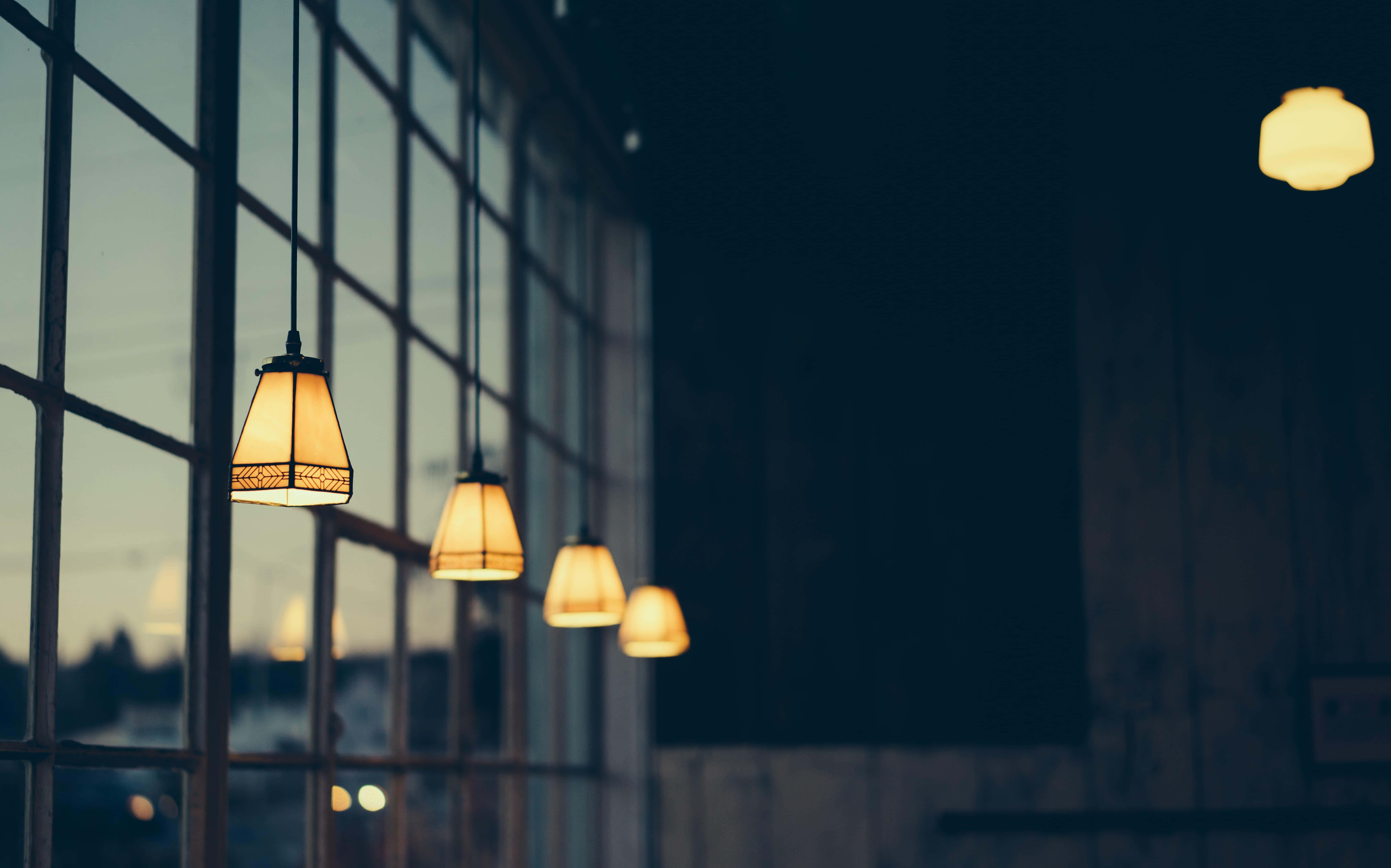 evening ambiance lamps, warm pendant lights, large window, 5K Desktop Wallpaper
