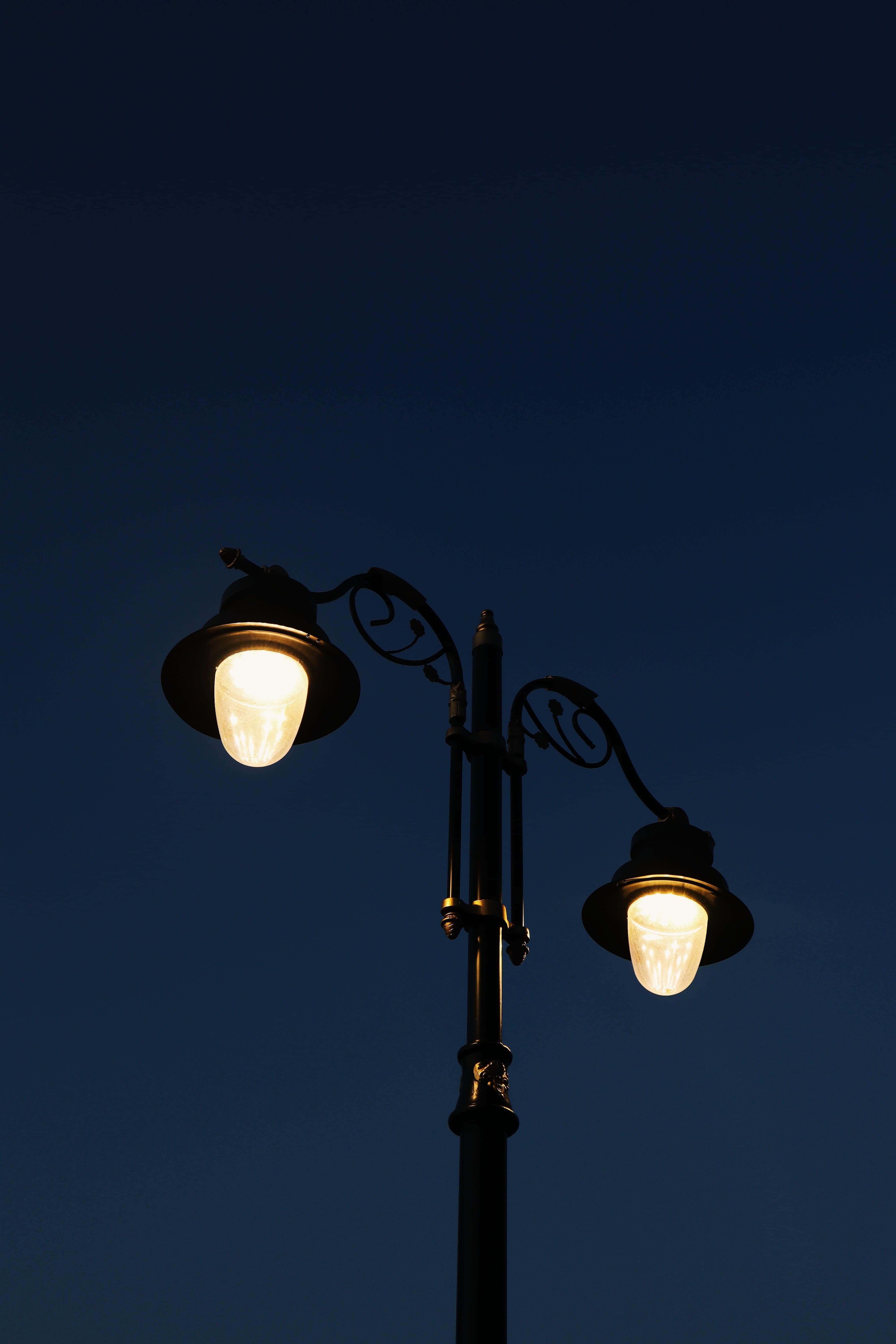 twilight street lamps, vintage street lamps, deep blue night sky, 5K Phone Wallpaper