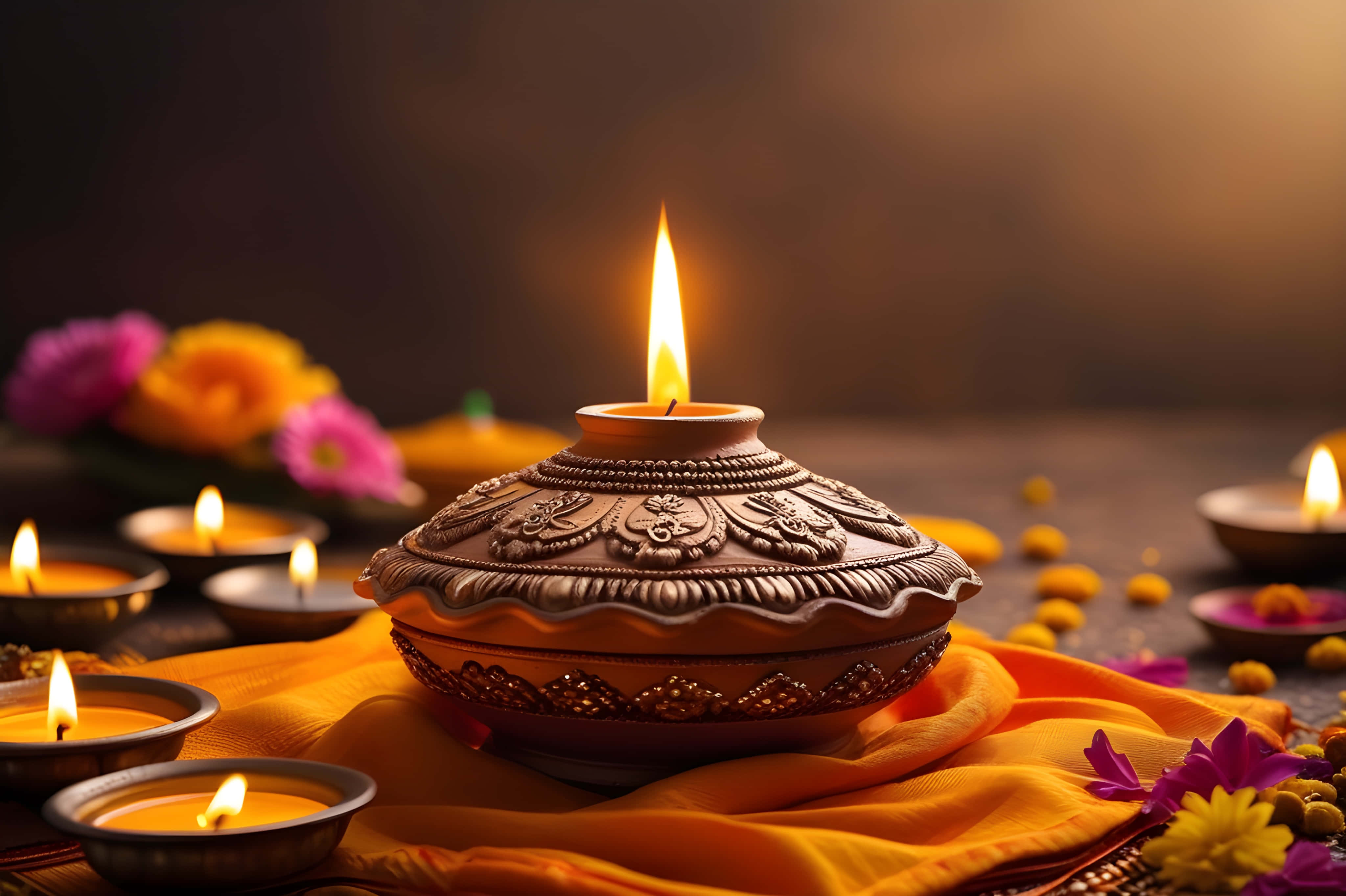 clay diya, intricate patterns, vibrant orange cloth, 4K Desktop Wallpaper