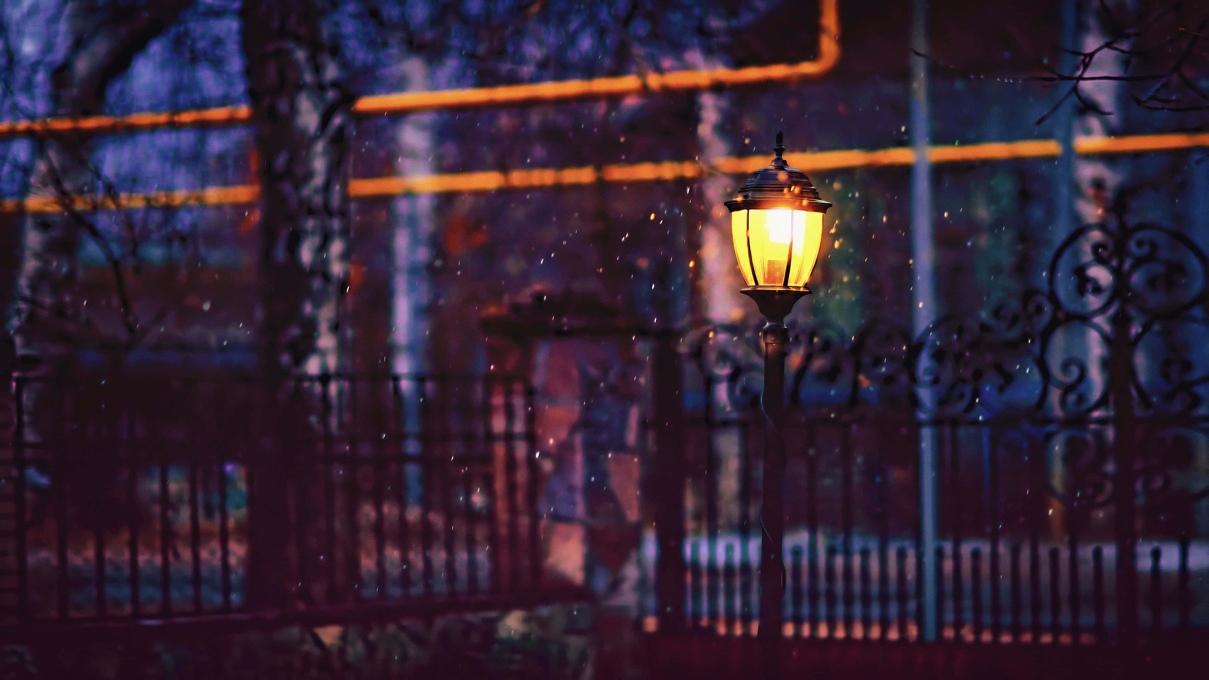 twilight lamp, vintage streetlamp, snowy twilight backdrop, 4K Desktop Wallpaper