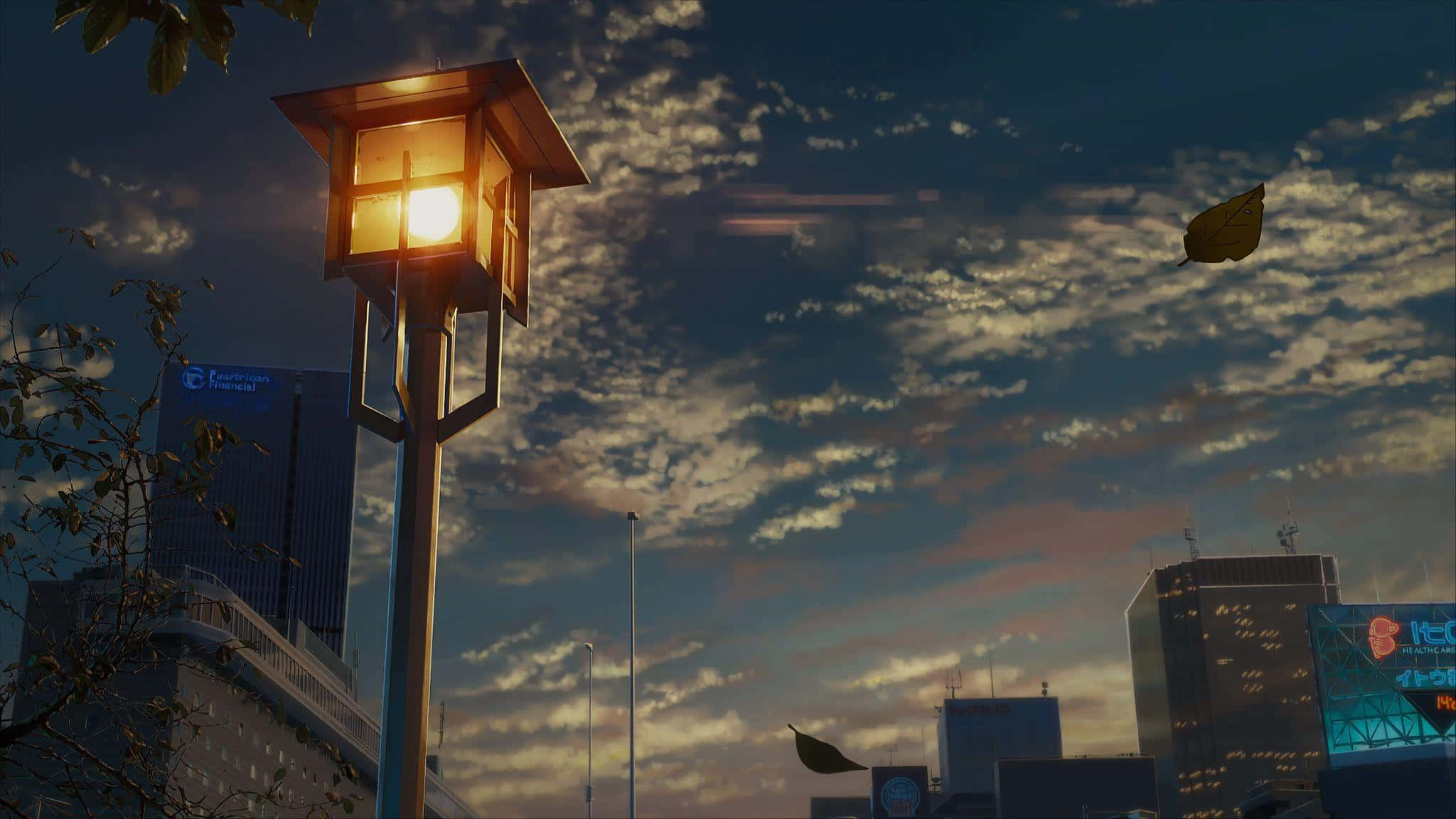 streetlamp, dusk, autumn leaves, Full HD Desktop Wallpaper