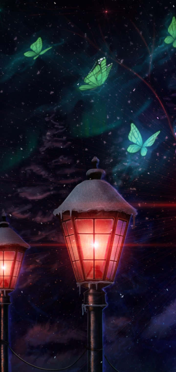 Enchanted Night Lampsand Butterflies, snow-dusted street lamps, starry night sky, HD Phone Wallpaper