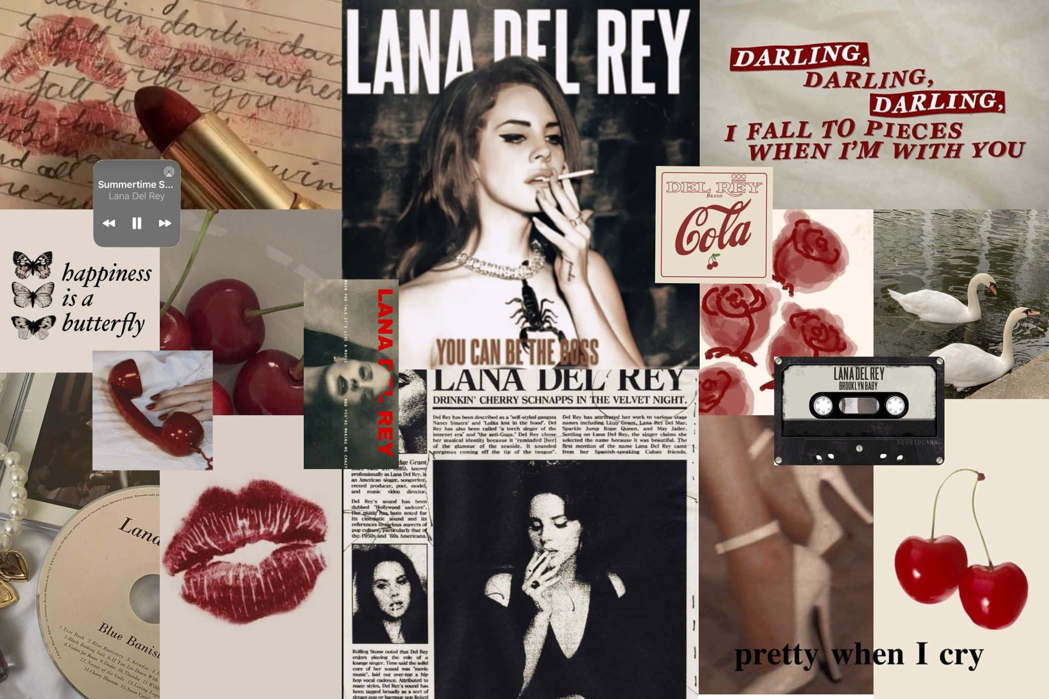 Lana Del Rey Aesthetic, cherries red lipstick, swans, Full HD Desktop Wallpaper