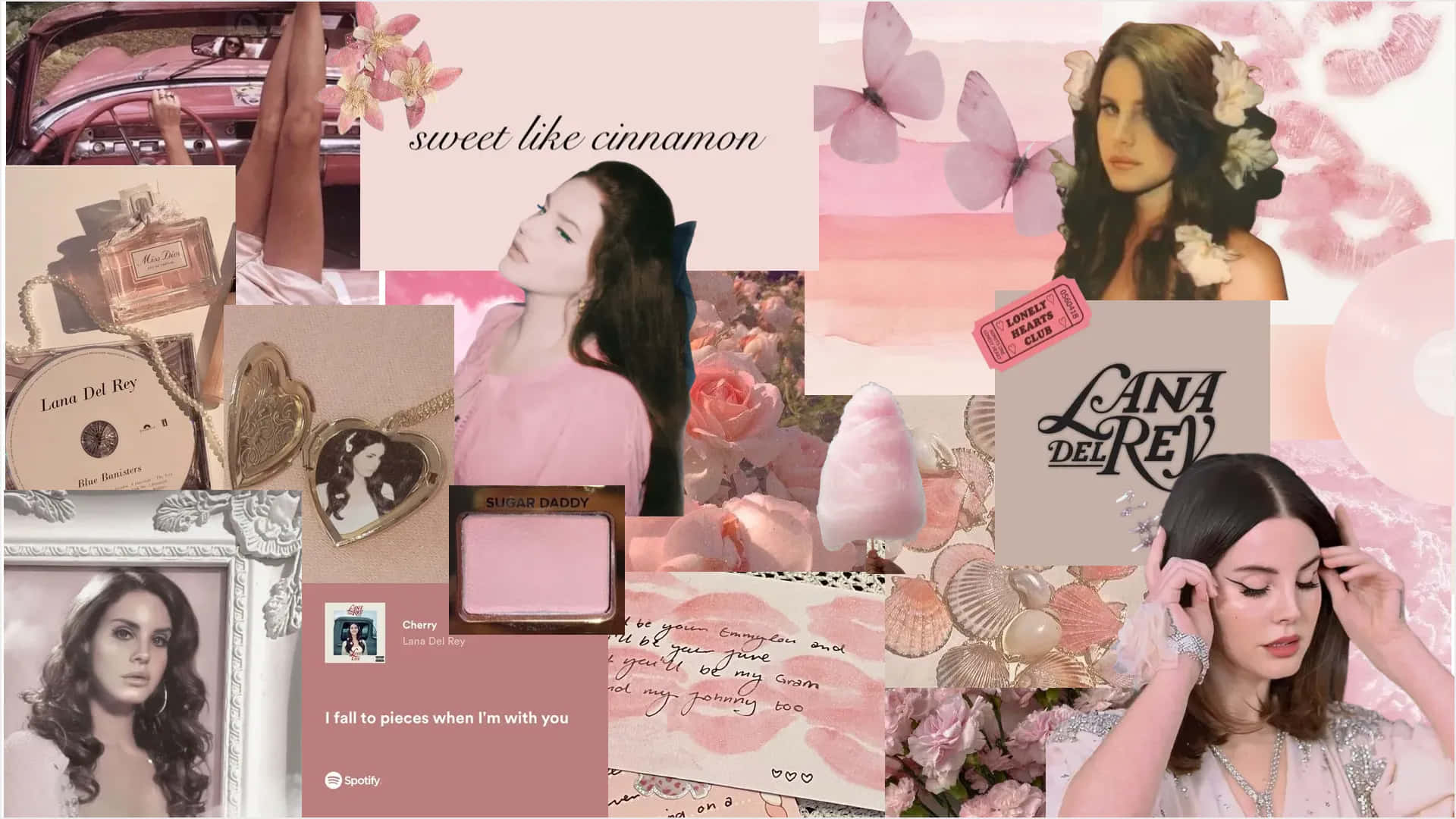 Lana Del Rey, pink collage, perfume shells, Full HD Desktop Wallpaper