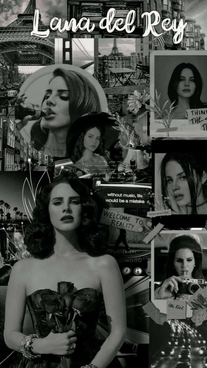Lana Del Rey, black and white collage, iconic cityscapes, HD Phone Wallpaper