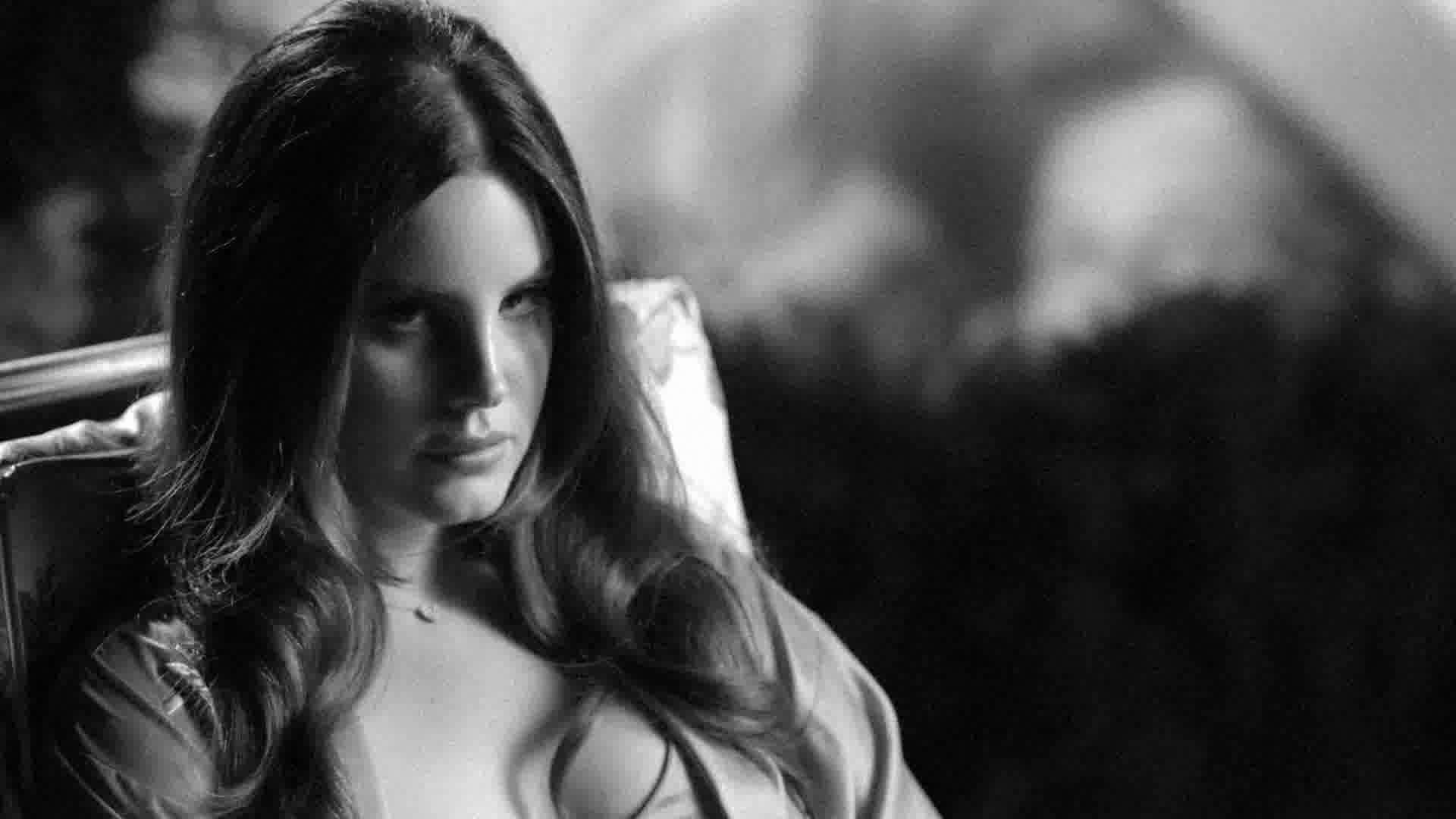 Lana del rey, blackand white portrait, long dark hair, Full HD Desktop Wallpaper