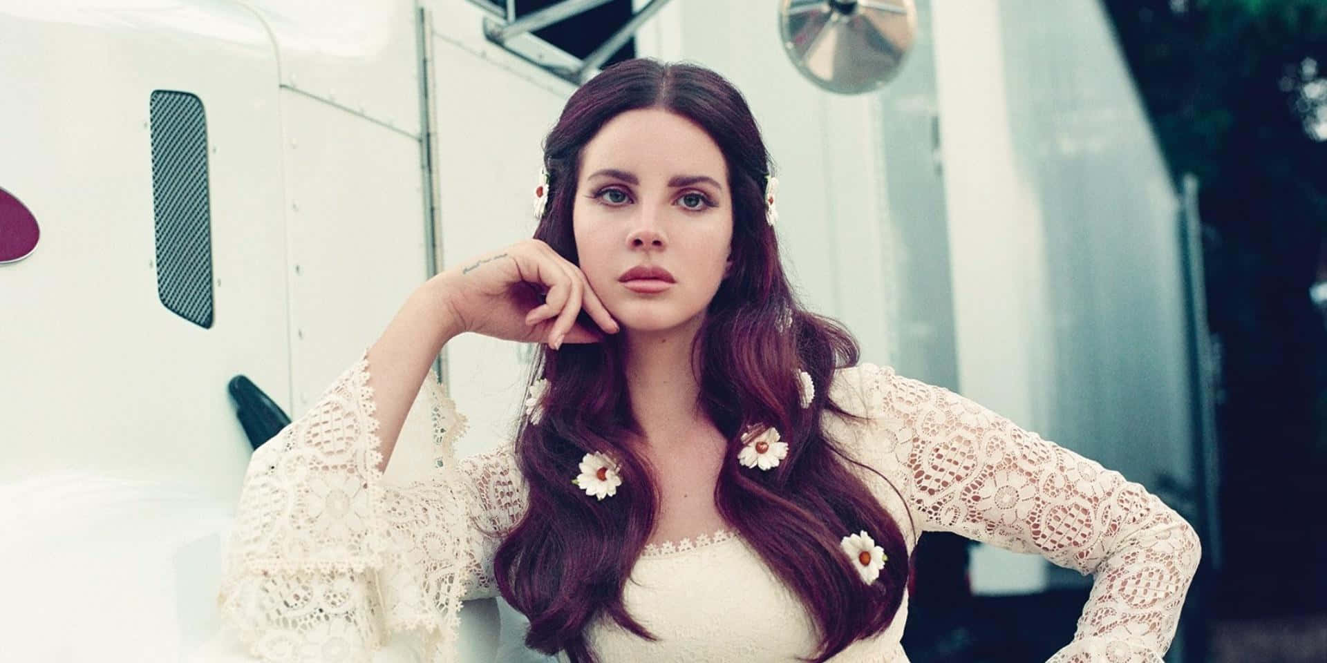 Lana del Rey, burgundy hair, daisies, Full HD Desktop Wallpaper