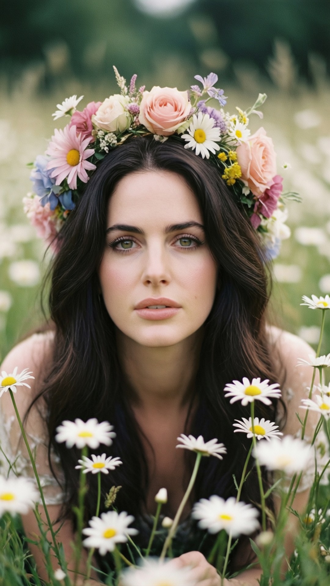 Lana Del Rey, flower crown, field of daisies, Full HD Phone Wallpaper