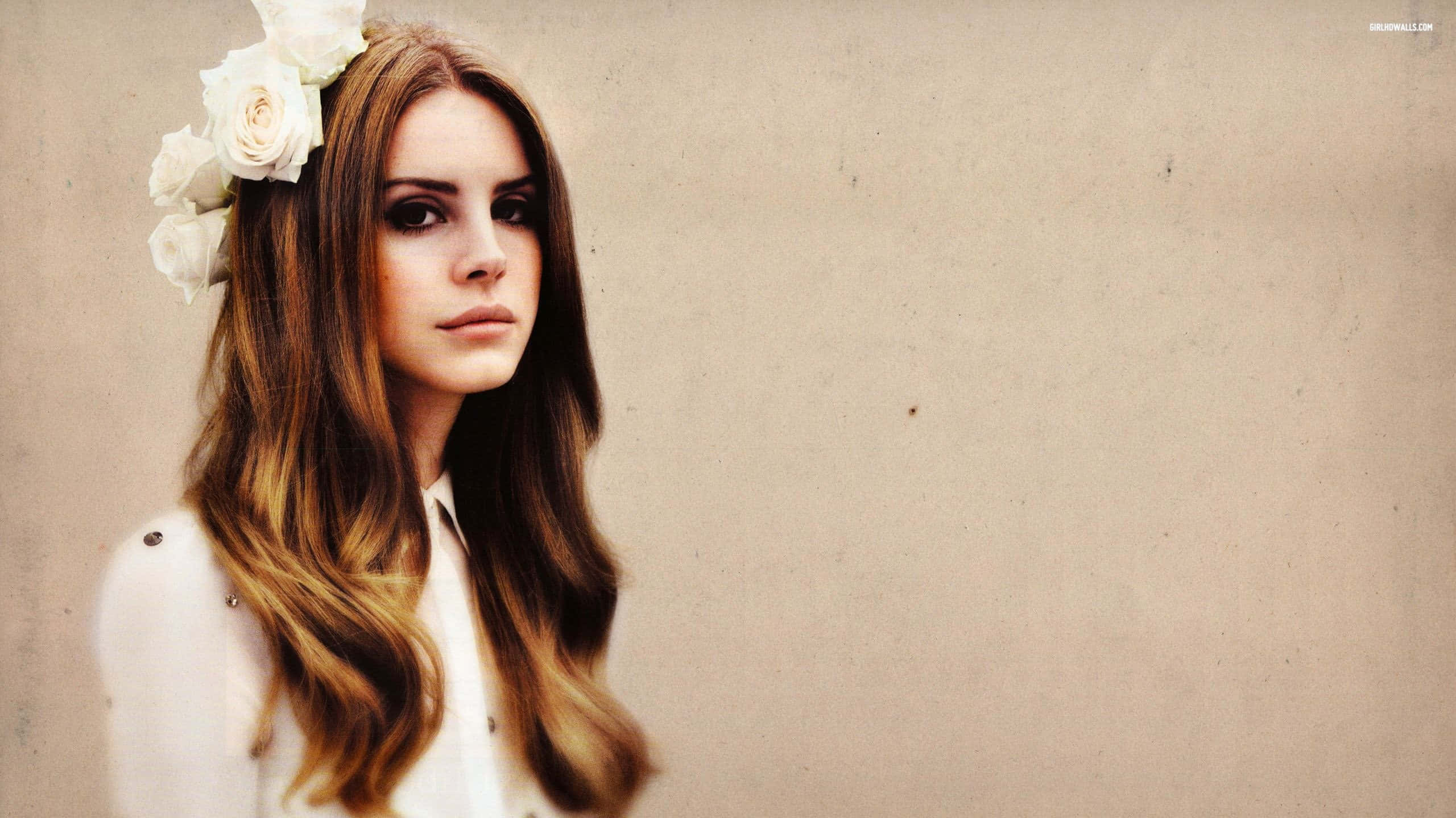Lana Del Rey, retro-inspired look, long brown hair, 2K Desktop Wallpaper