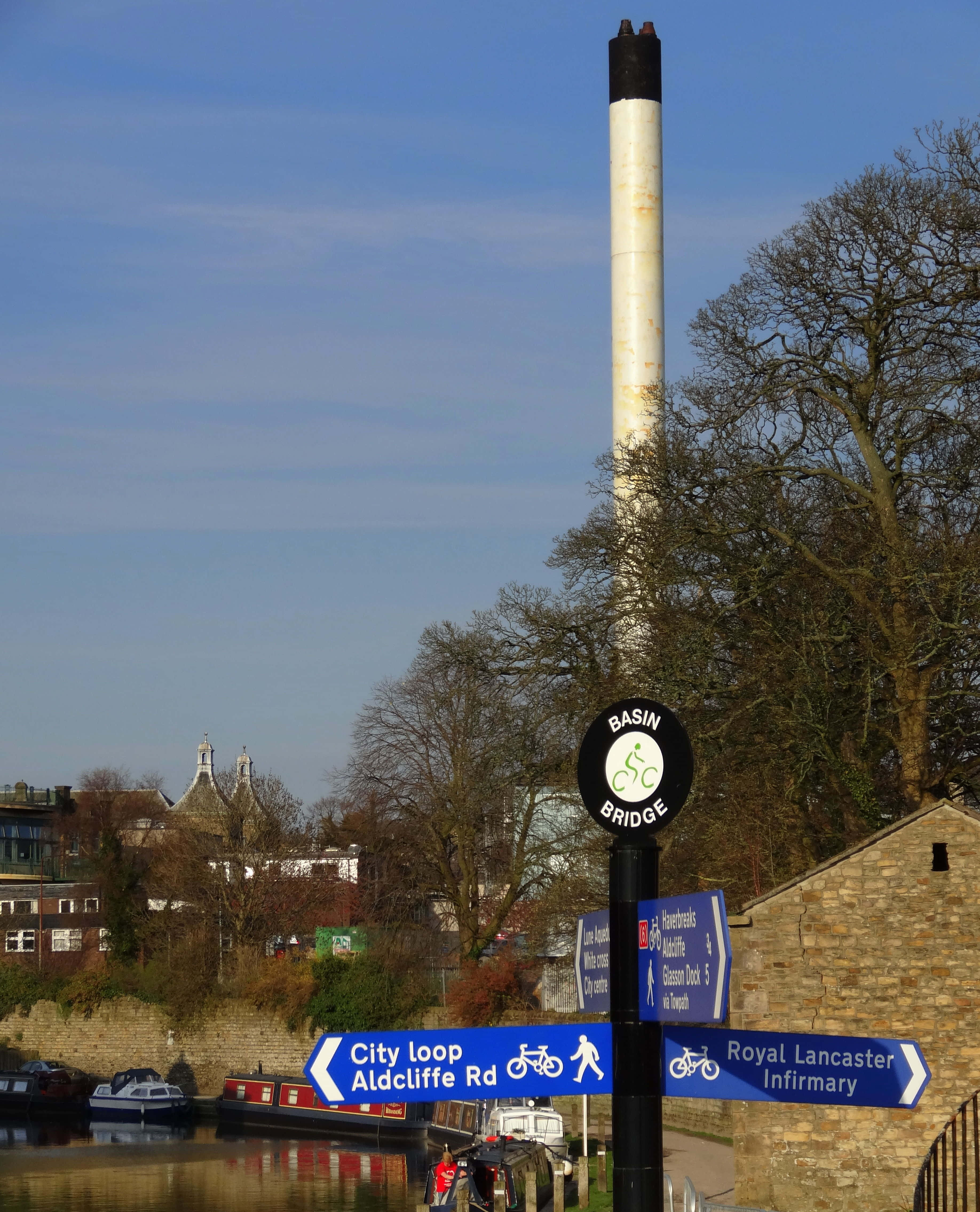 Lancaster, industrial chimney, canal, 4K Phone Wallpaper