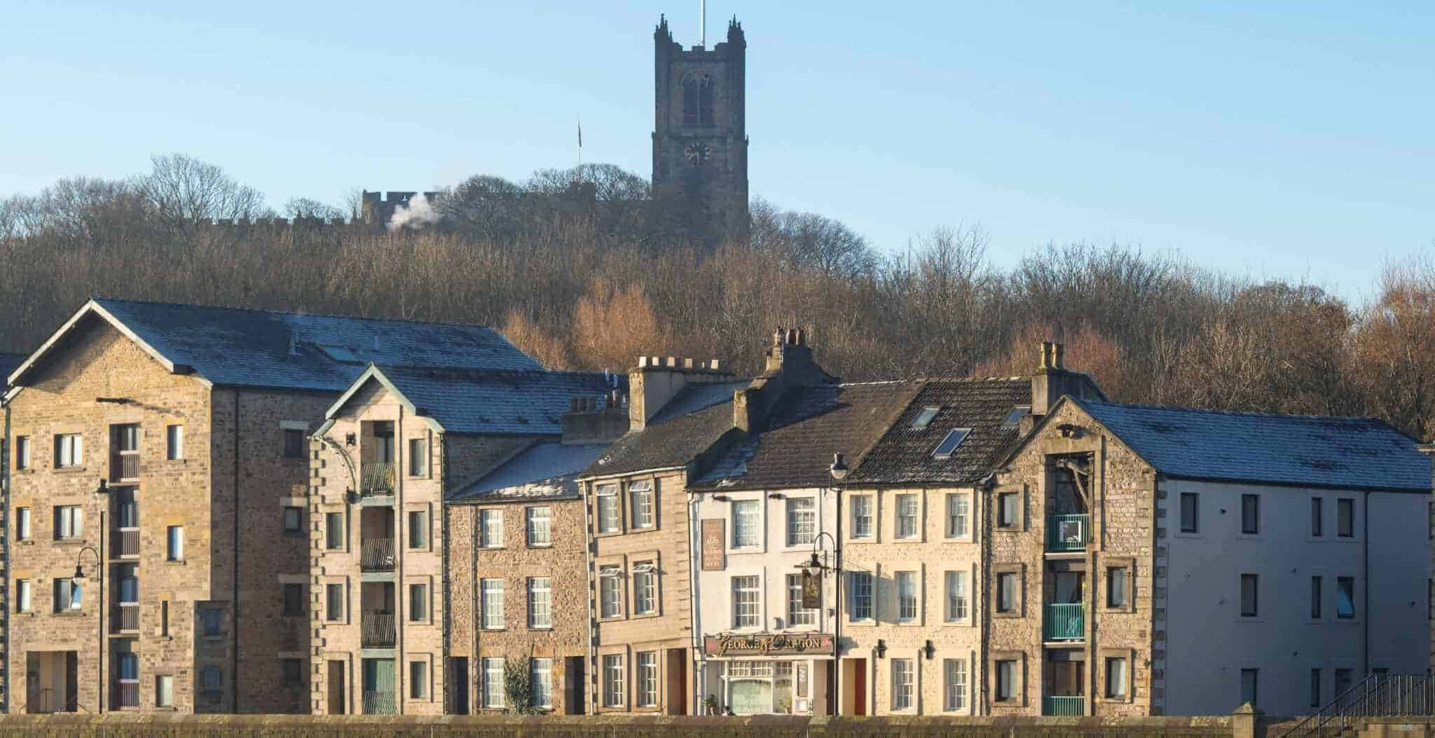 Lancaster, riverbank, historic church tower, Full HD Desktop Wallpaper