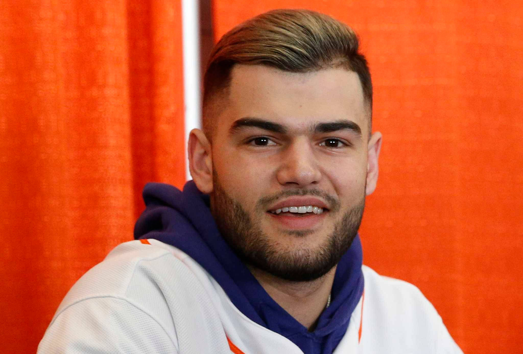 Lance Mccullers, white hoodie, vibrant orange curtain backdrop, Full HD Desktop Wallpaper