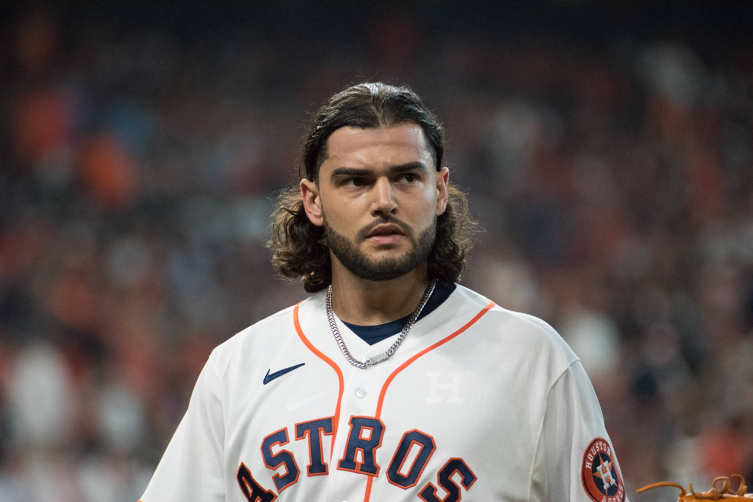 Lance Mccullers, white Astros jersey, stadium lights, HD Desktop Wallpaper