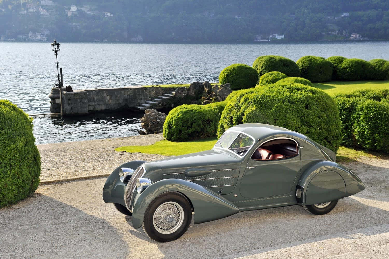 Lancia Astura, vintage green car, gravel path, HD Desktop Wallpaper