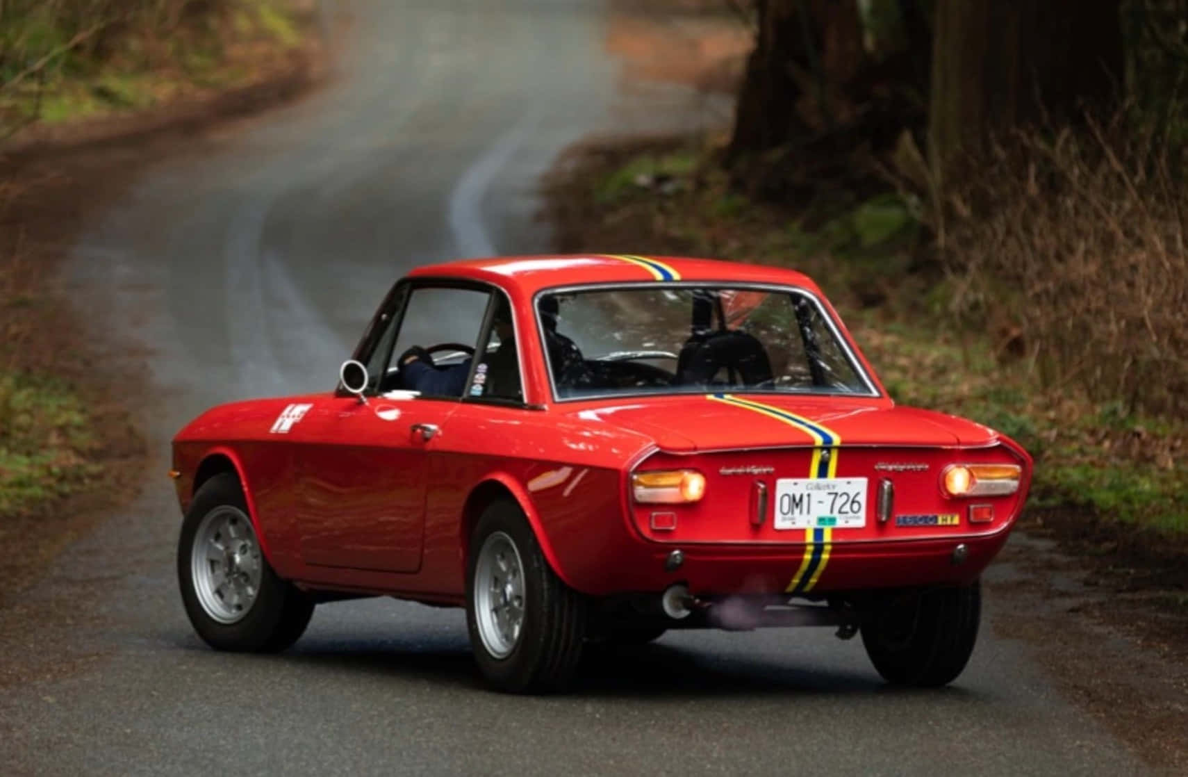 Lancia Fulvia, vibrant red, yellow stripes, HD Desktop Wallpaper